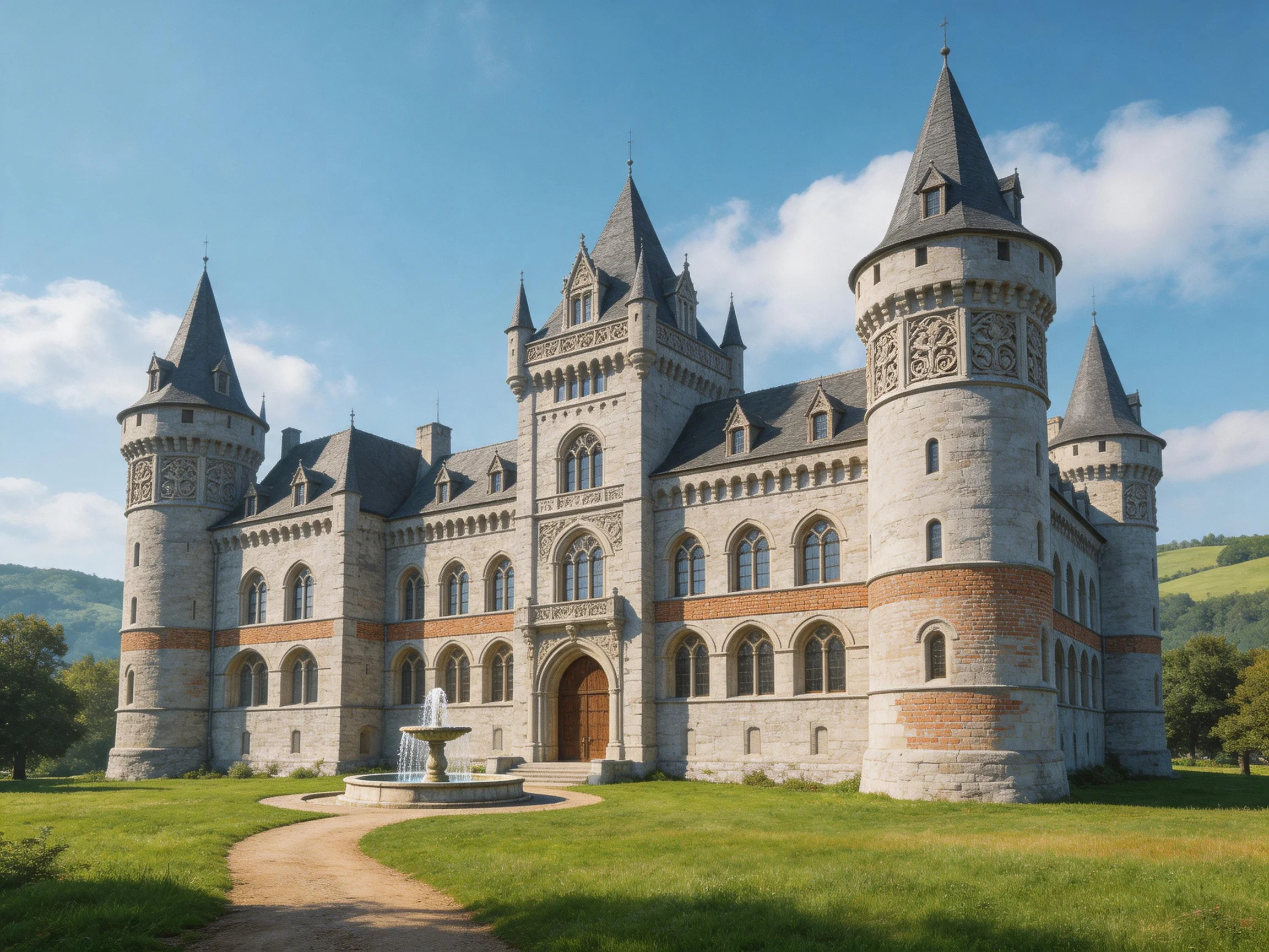 A grand medieval-style castle with stone and brick architecture