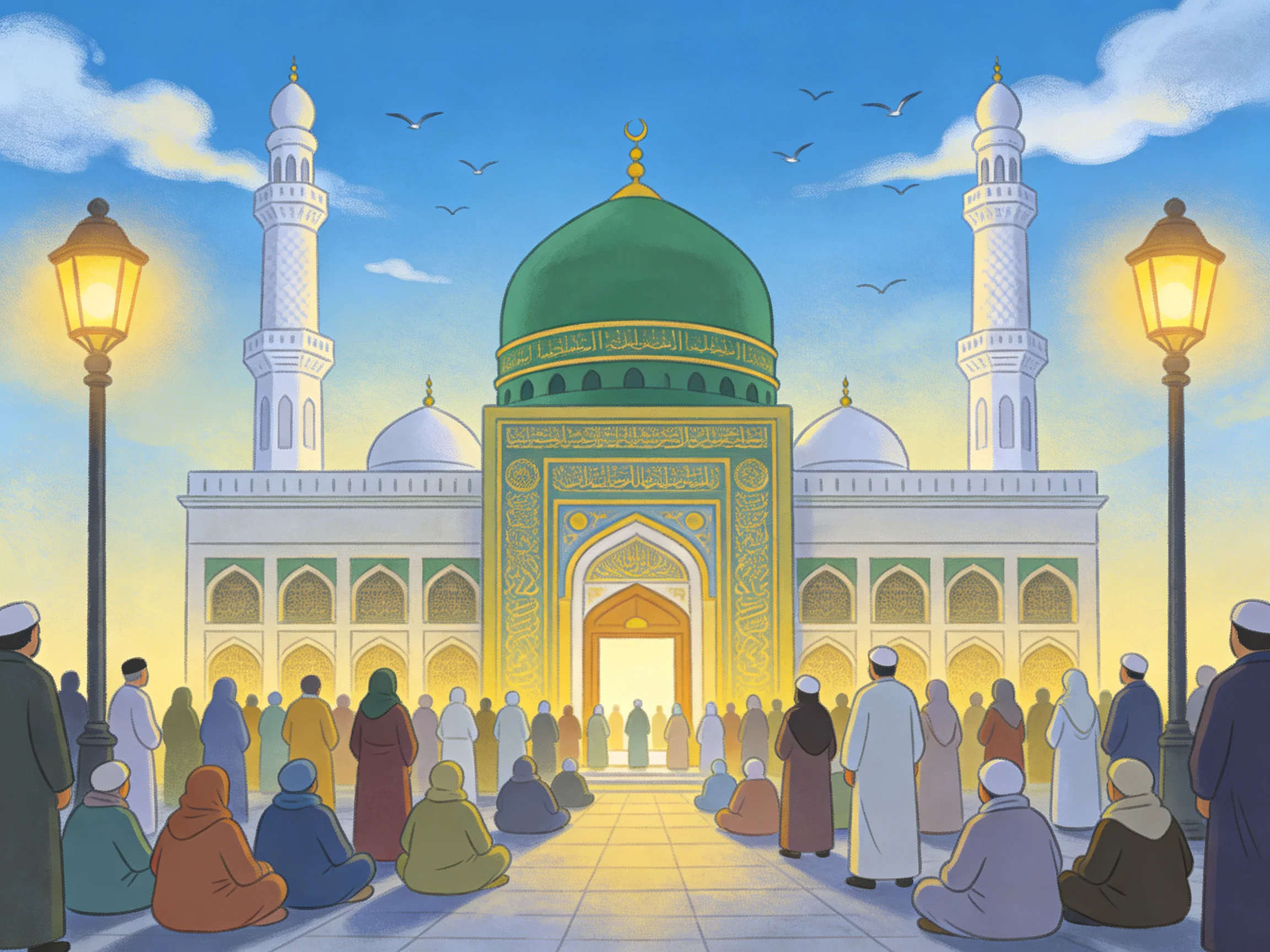 A grand mosque with a large green dome and tall minarets