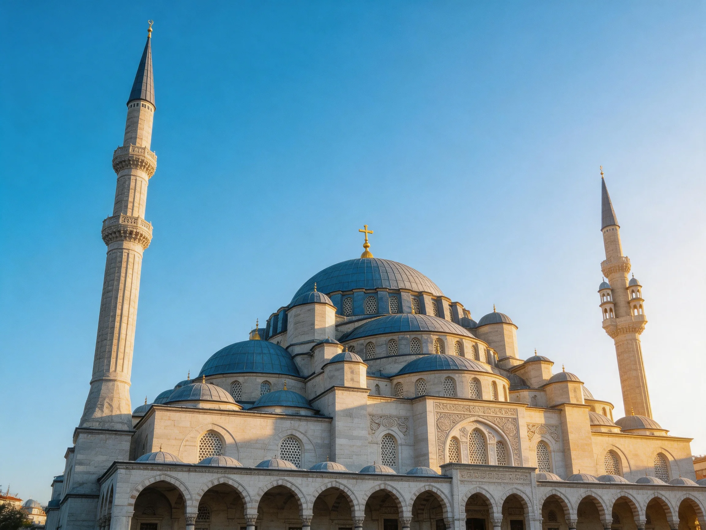 A grand mosque with blue domes and tall minarets under clear sky