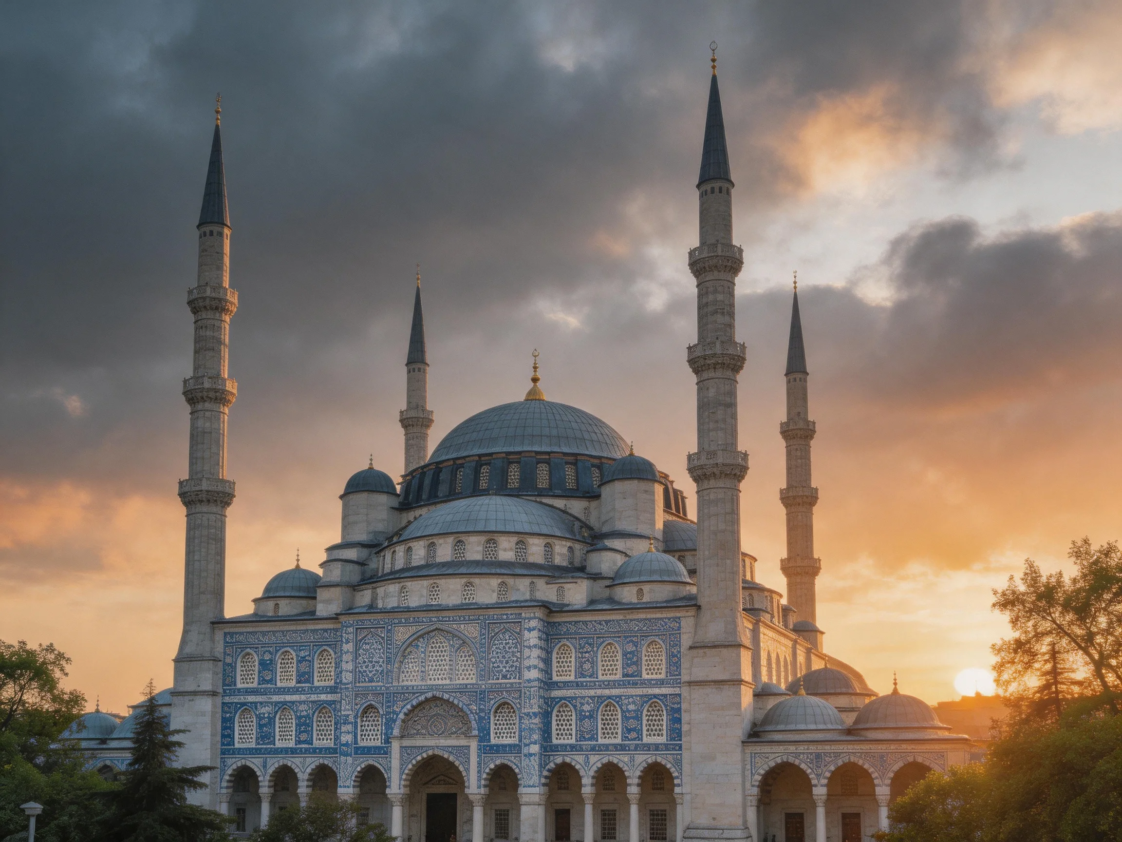 A grand mosque with blue tilework and four minarets under a dramatic sunset sky