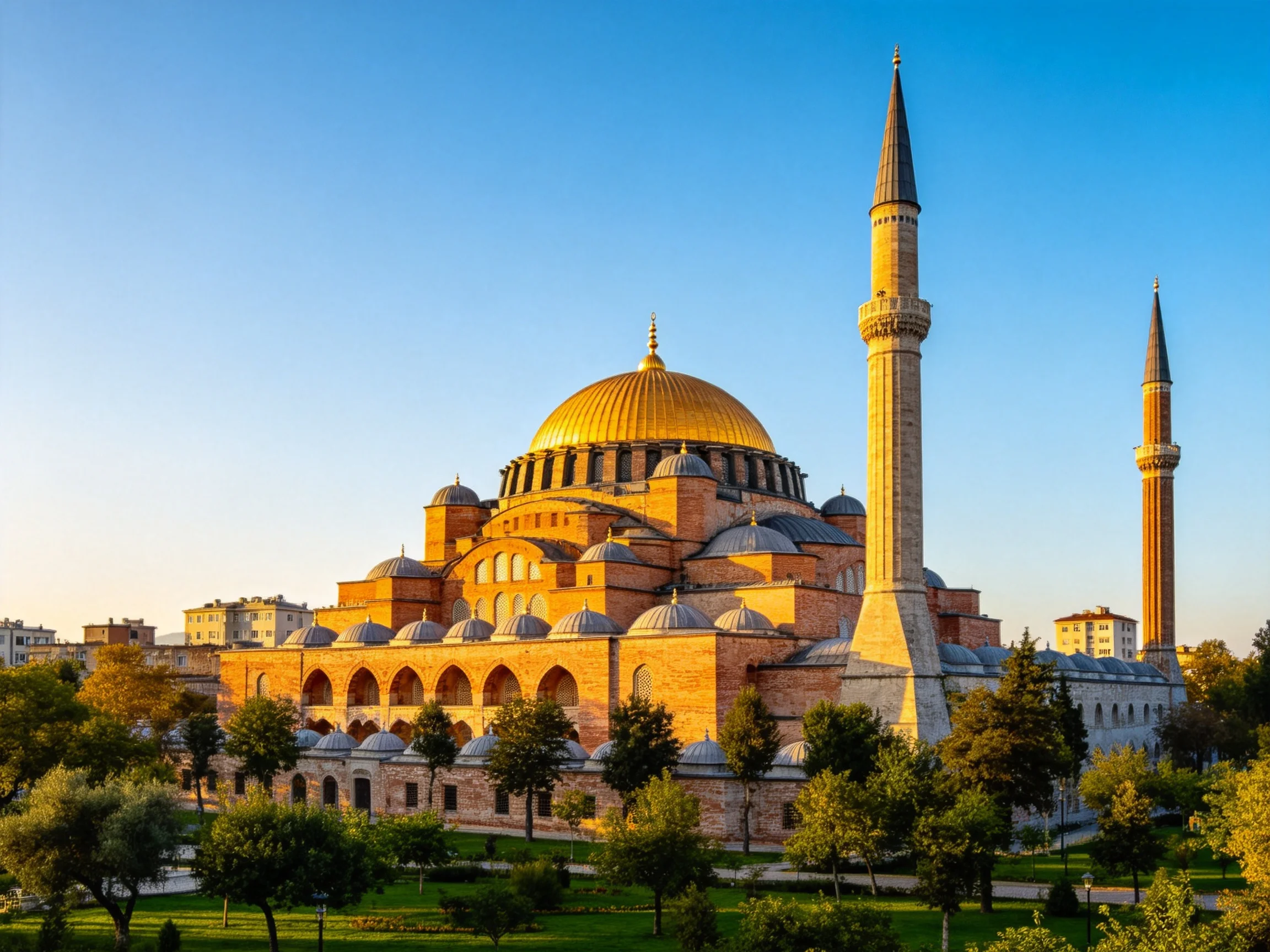 A grand mosque with golden dome and tall minarets surrounded by greenery
