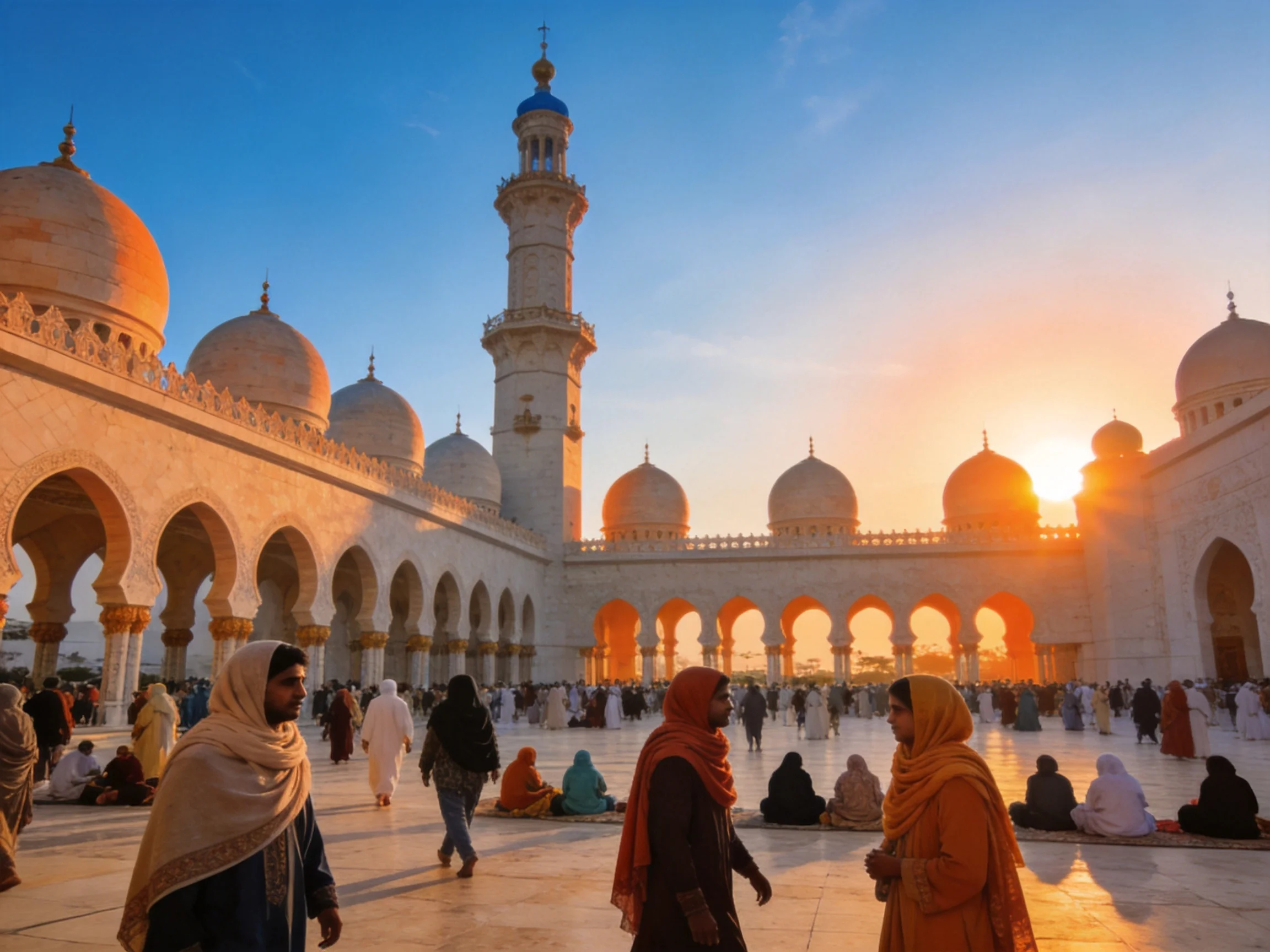 A grand mosque with golden domes and arches under sunset light