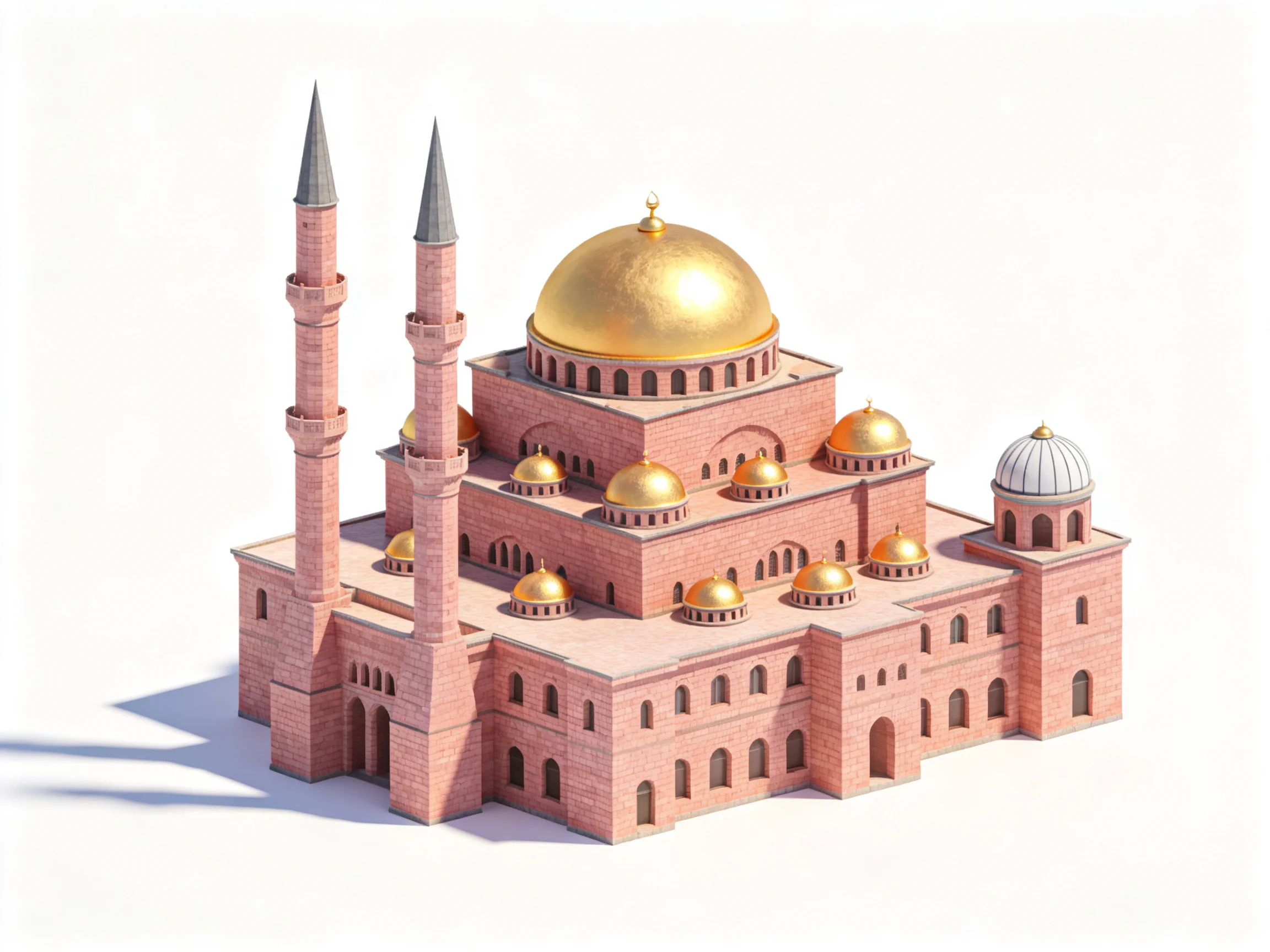 A grand mosque with golden domes and tall minarets