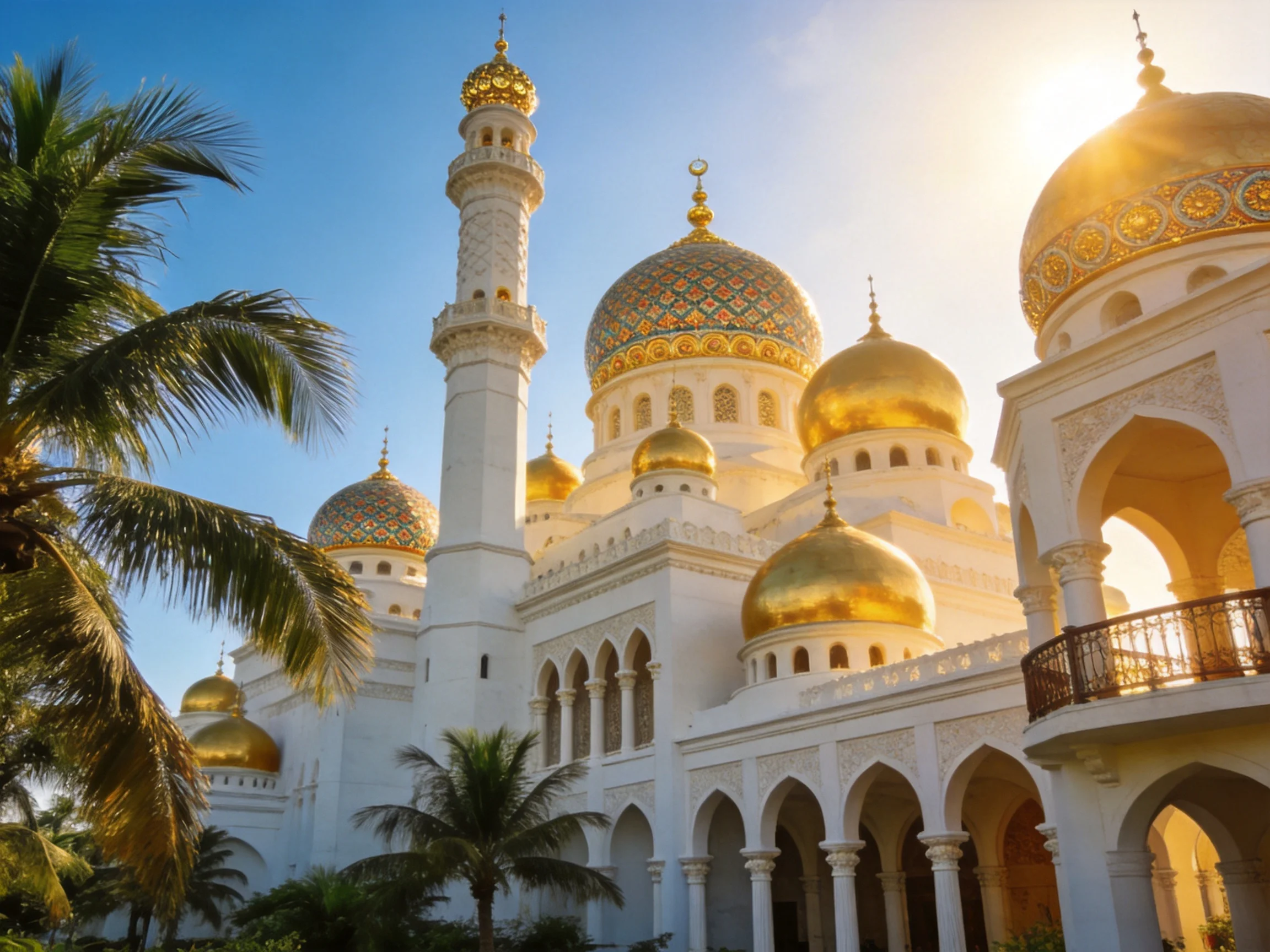 A grand mosque with golden domes and white architecture
