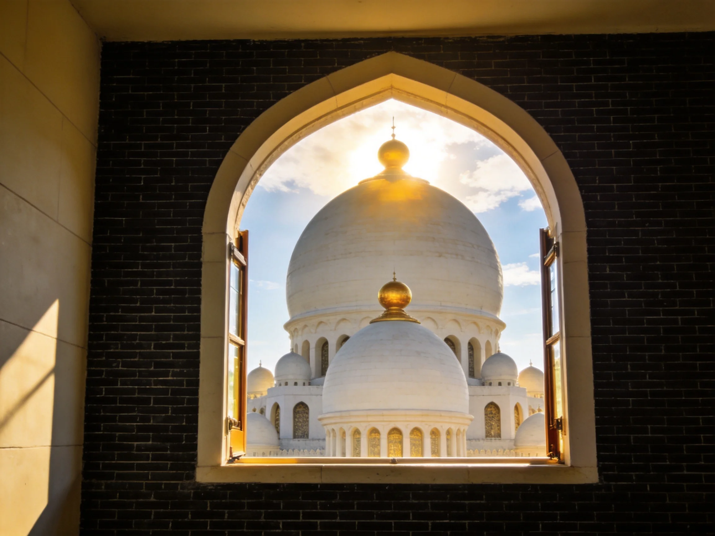 A grand mosque with golden domes viewed through an arched window