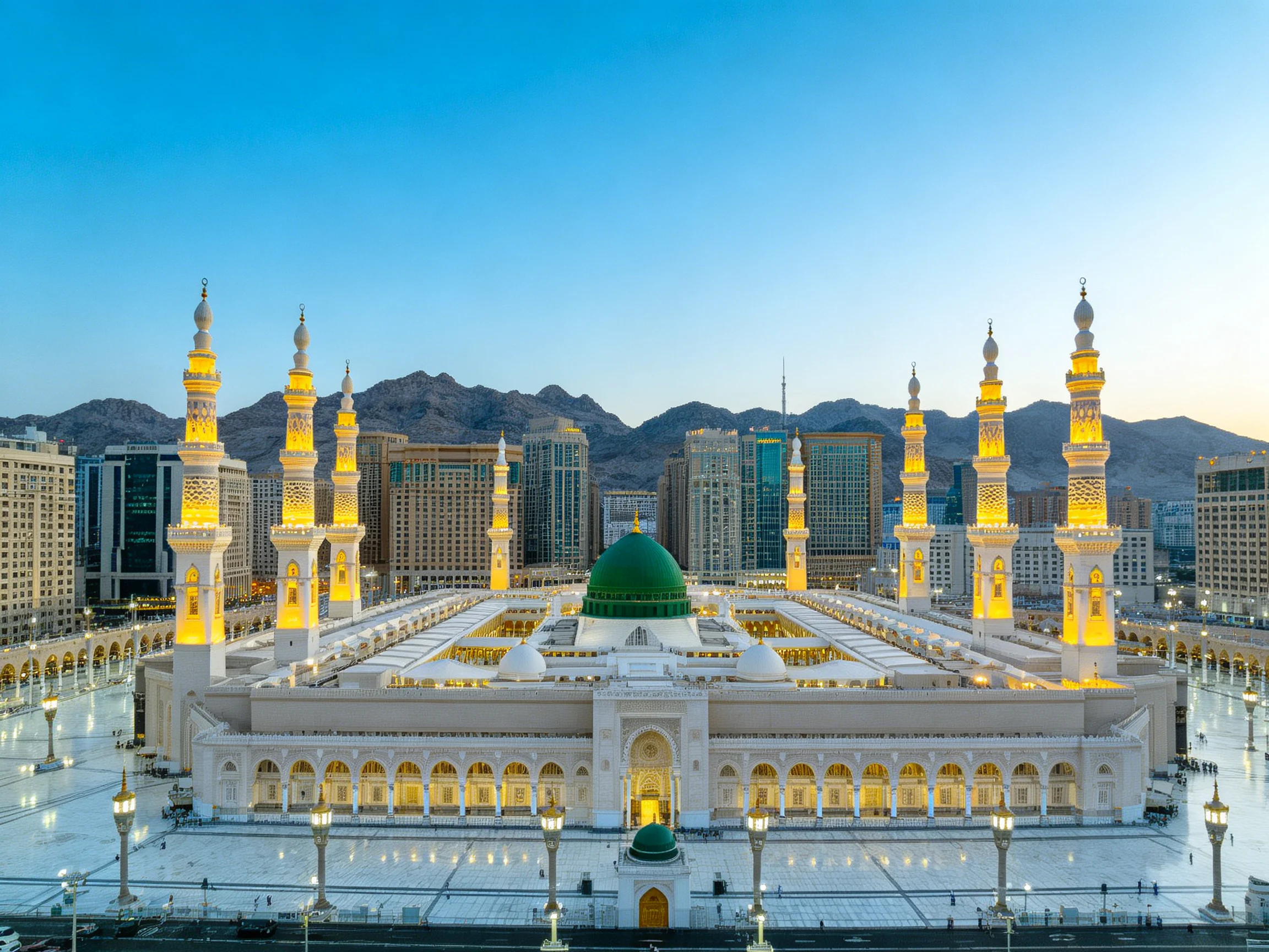 A grand mosque with green dome, golden minarets, and urban mountain backdrop