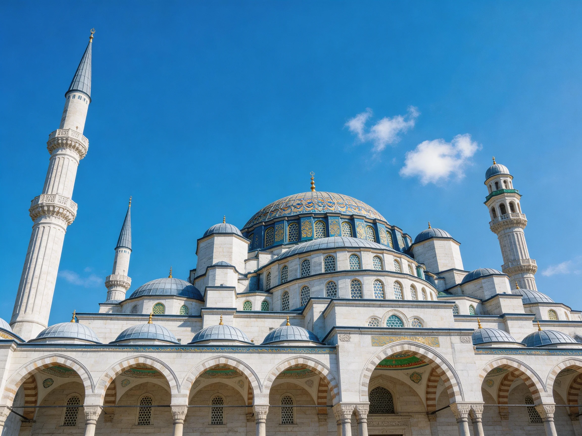 A grand mosque with multiple domes and tall minarets under a clear blue sky