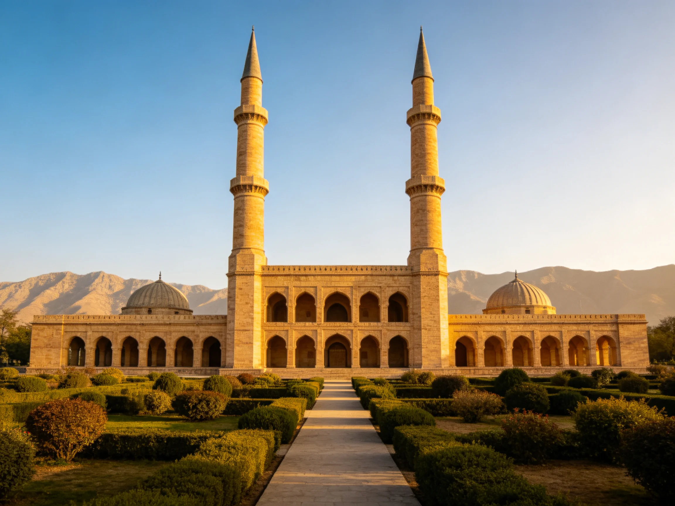 A grand mosque with twin minarets and landscaped gardens