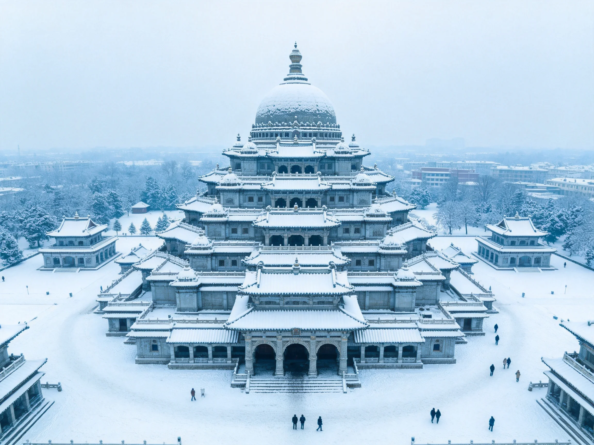 A grand multi-tiered stone temple covered in snow