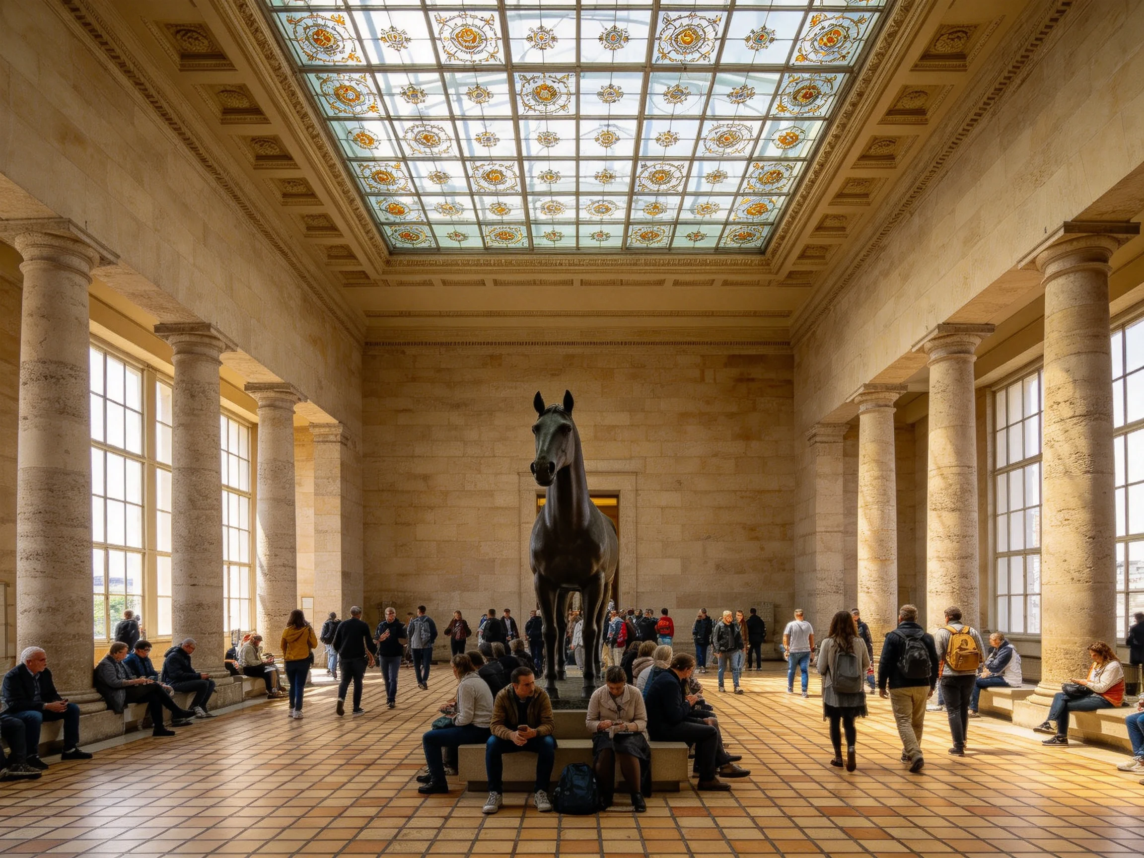 A grand museum hall with a central horse statue and ornate stained glass ceiling