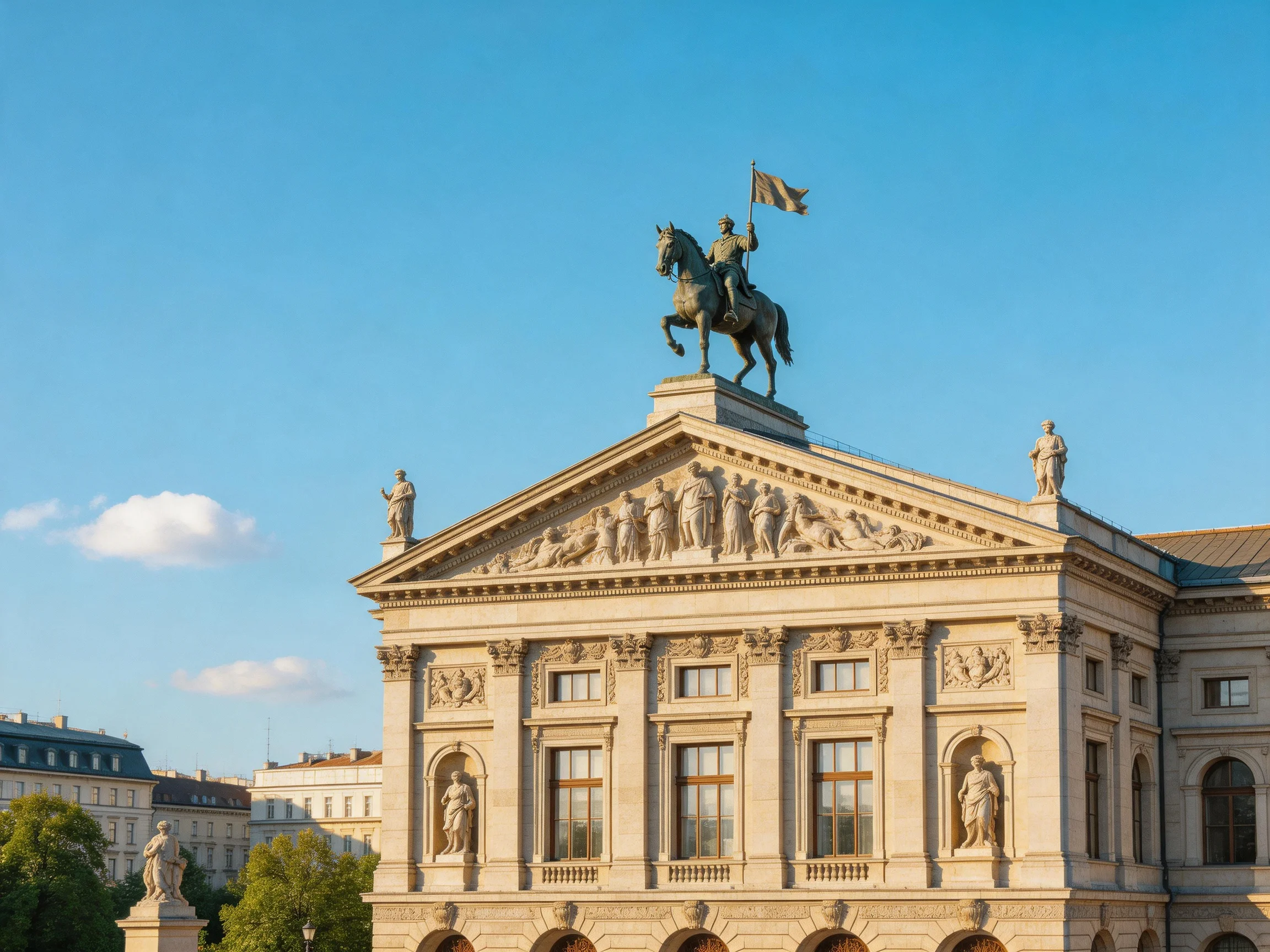 A grand neoclassical building topped by an equestrian bronze statue