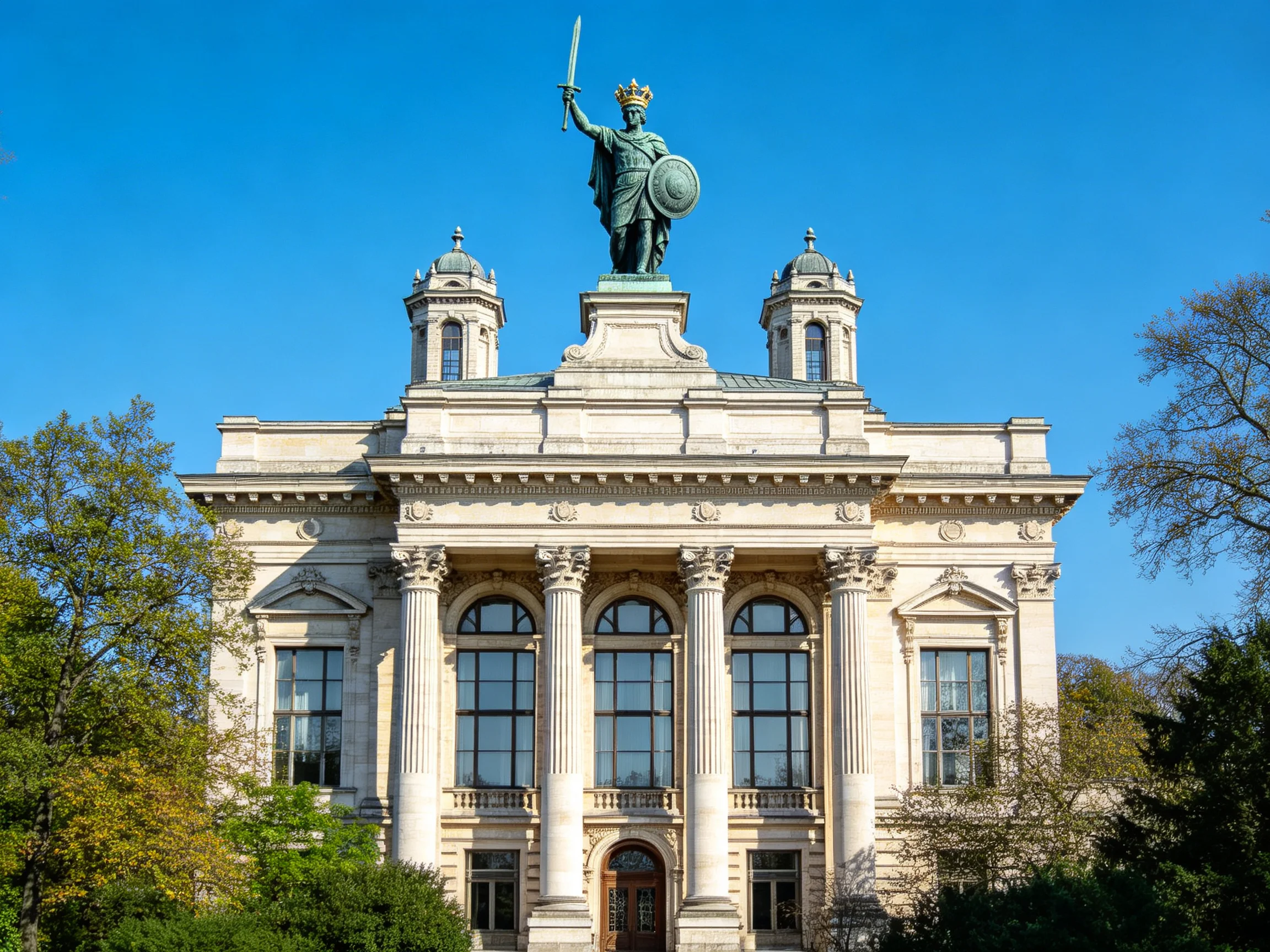 A grand neoclassical building topped with a bronze warrior statue
