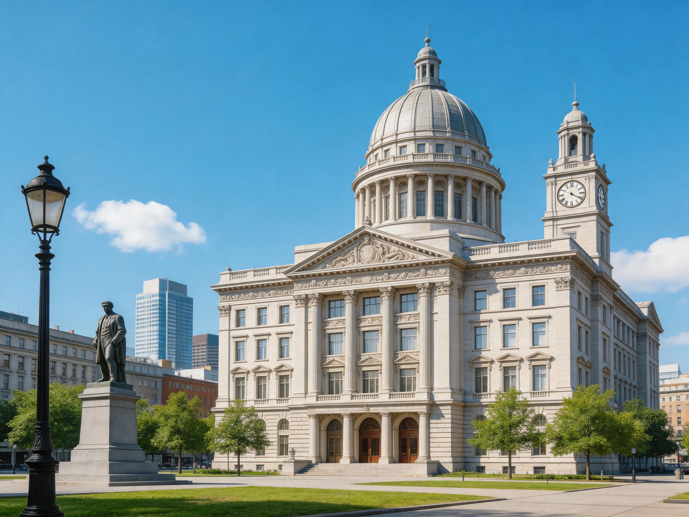 A grand neoclassical building with a domed roof and clock tower