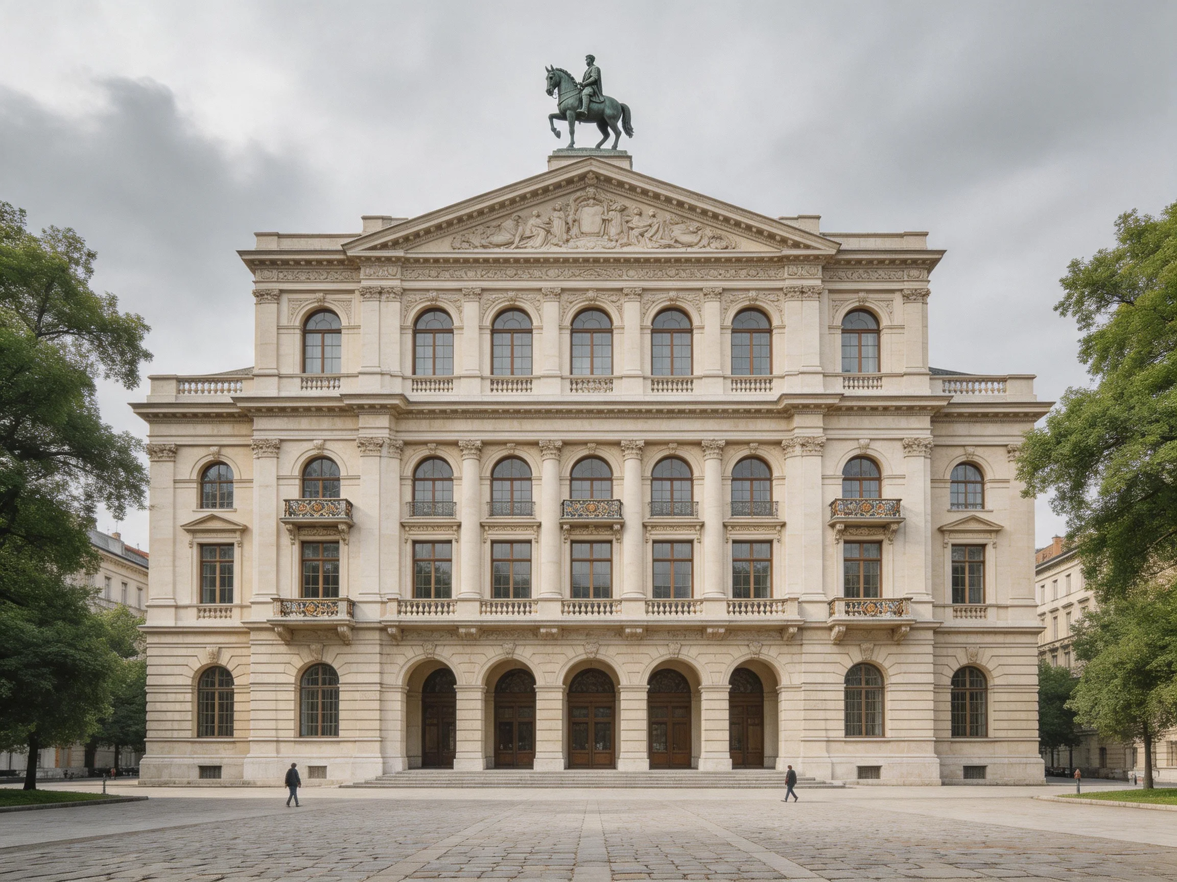 A grand neoclassical building with a mounted statue atop its facade