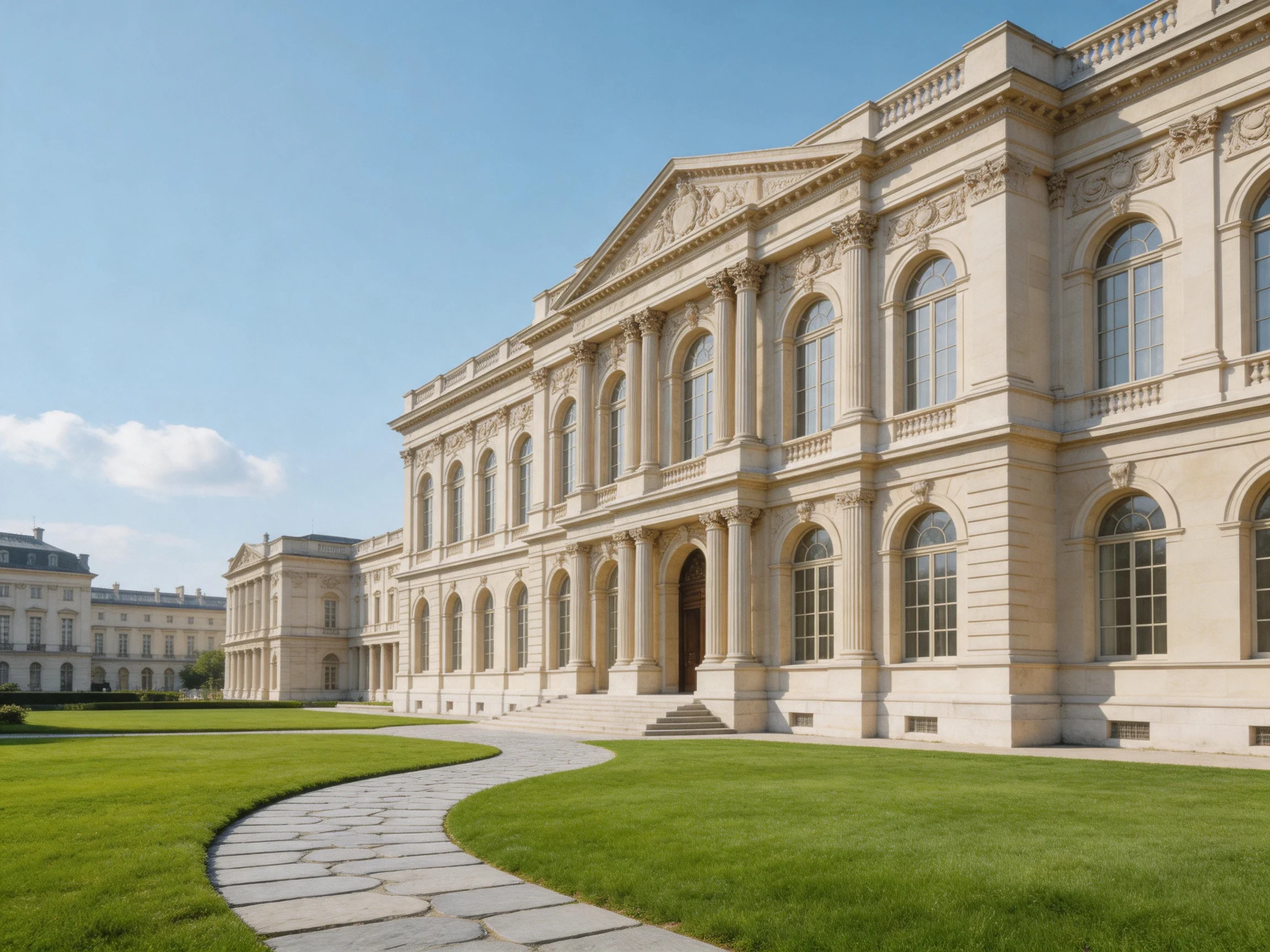 A grand neoclassical building with manicured lawns and stone pathways