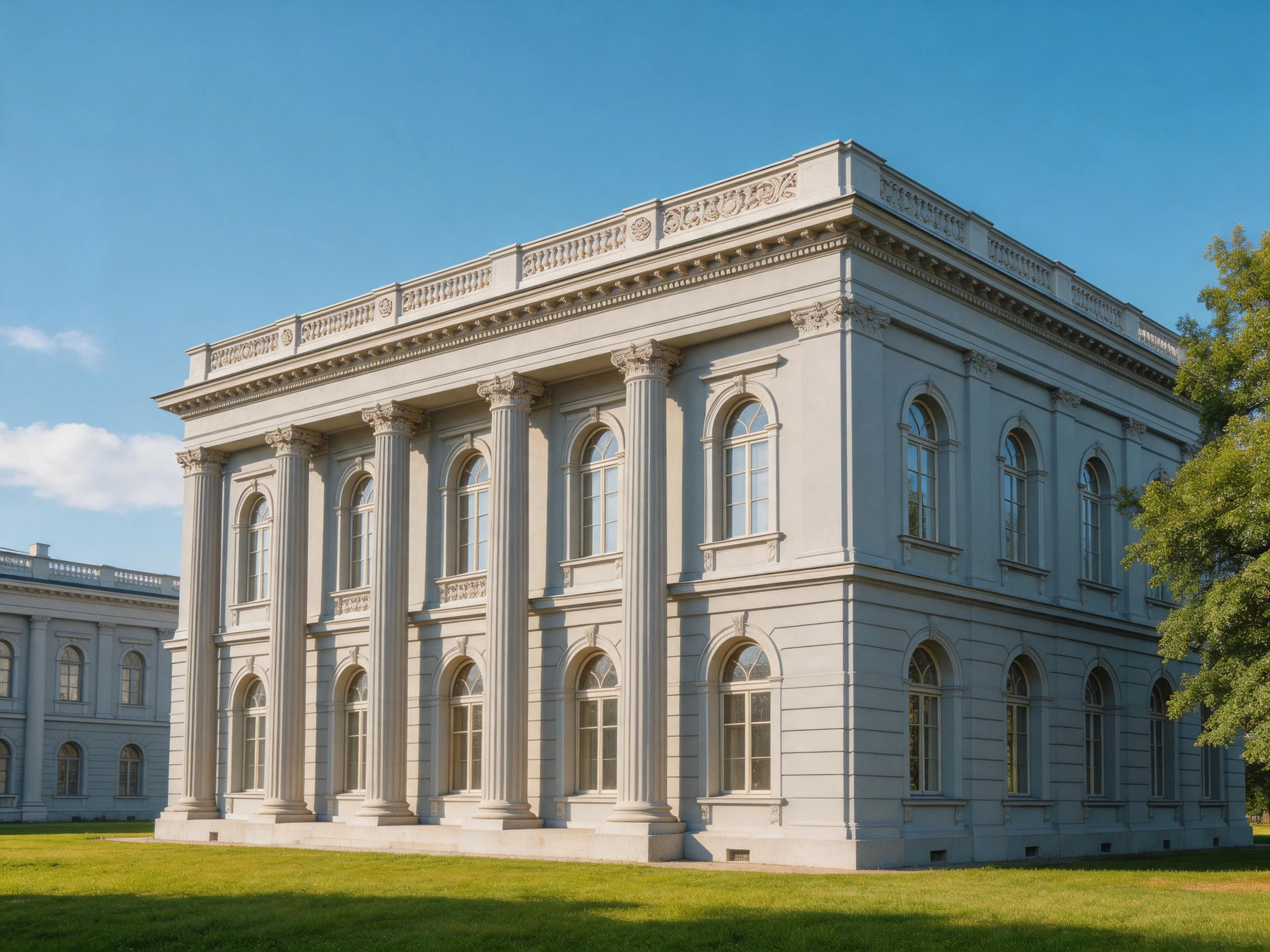 A grand neoclassical building with tall columns and arched windows