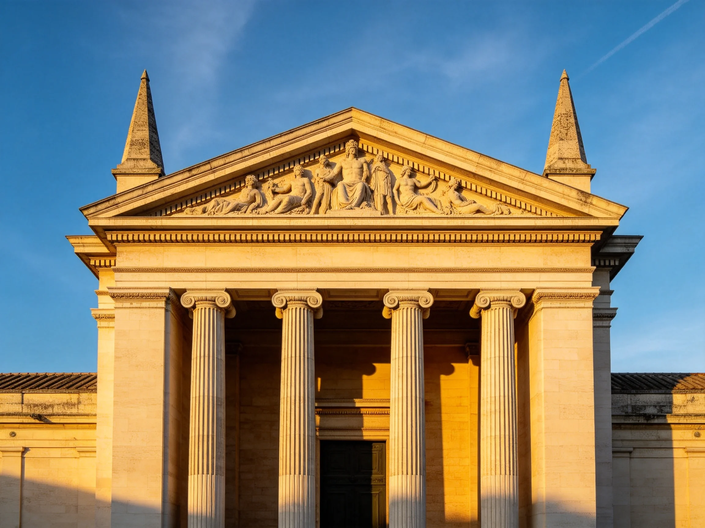 A grand neoclassical building with tall columns and sculpted pediment