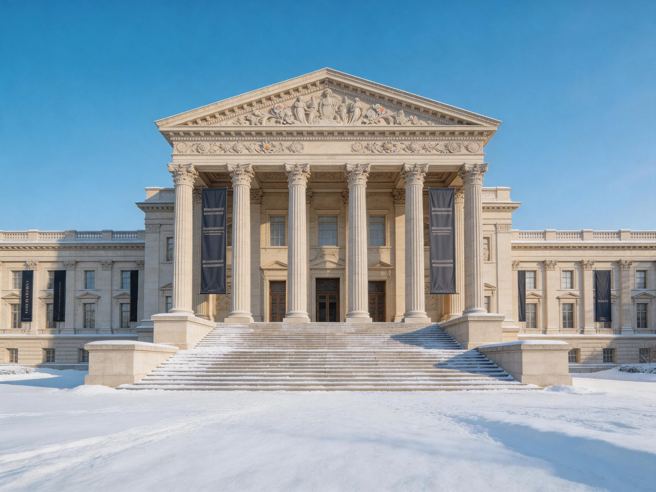 A grand neoclassical building with tall columns in snowy surroundings