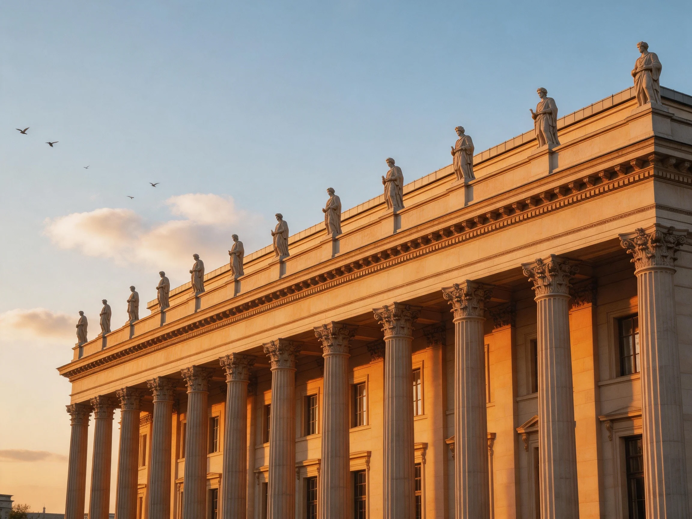 A grand neoclassical building with twelve statues atop tall columns under golden light
