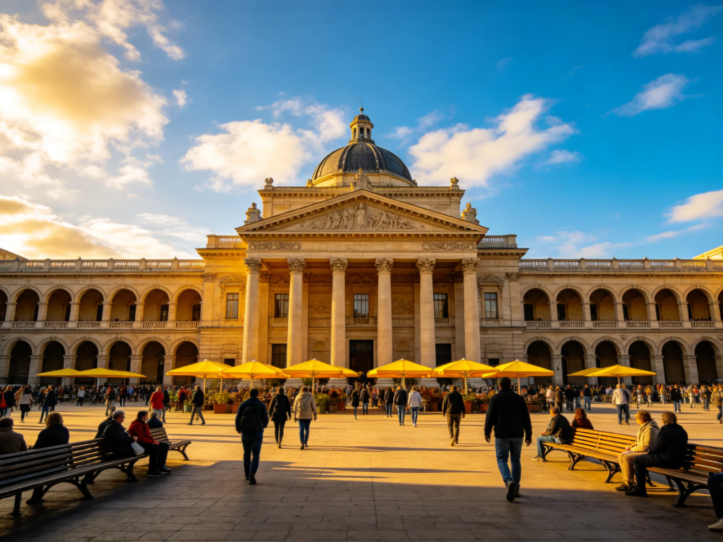 A grand neoclassical building with yellow canopies in a bustling plaza