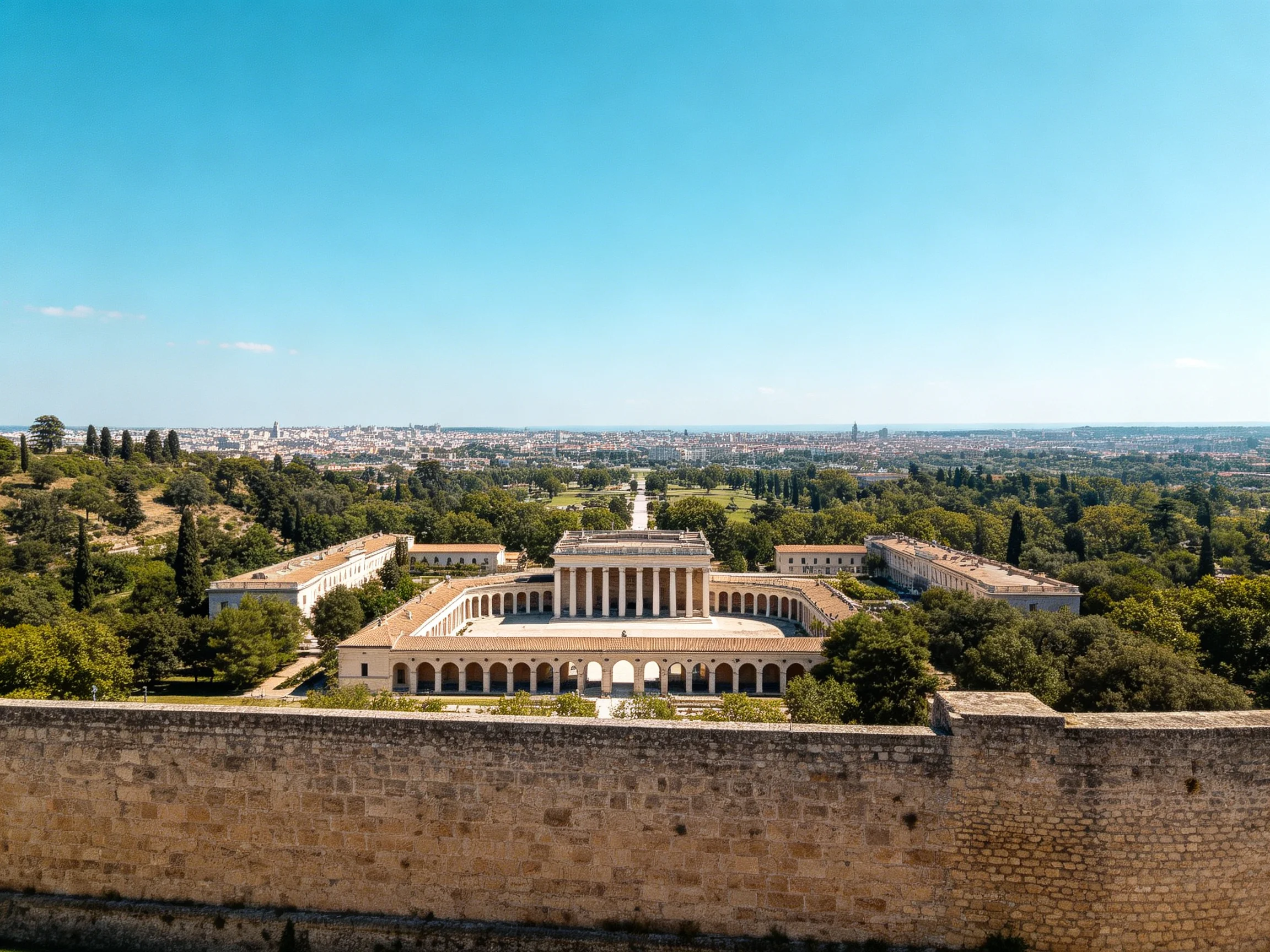 A grand neoclassical complex with columns, surrounded by greenery and an ancient stone wall