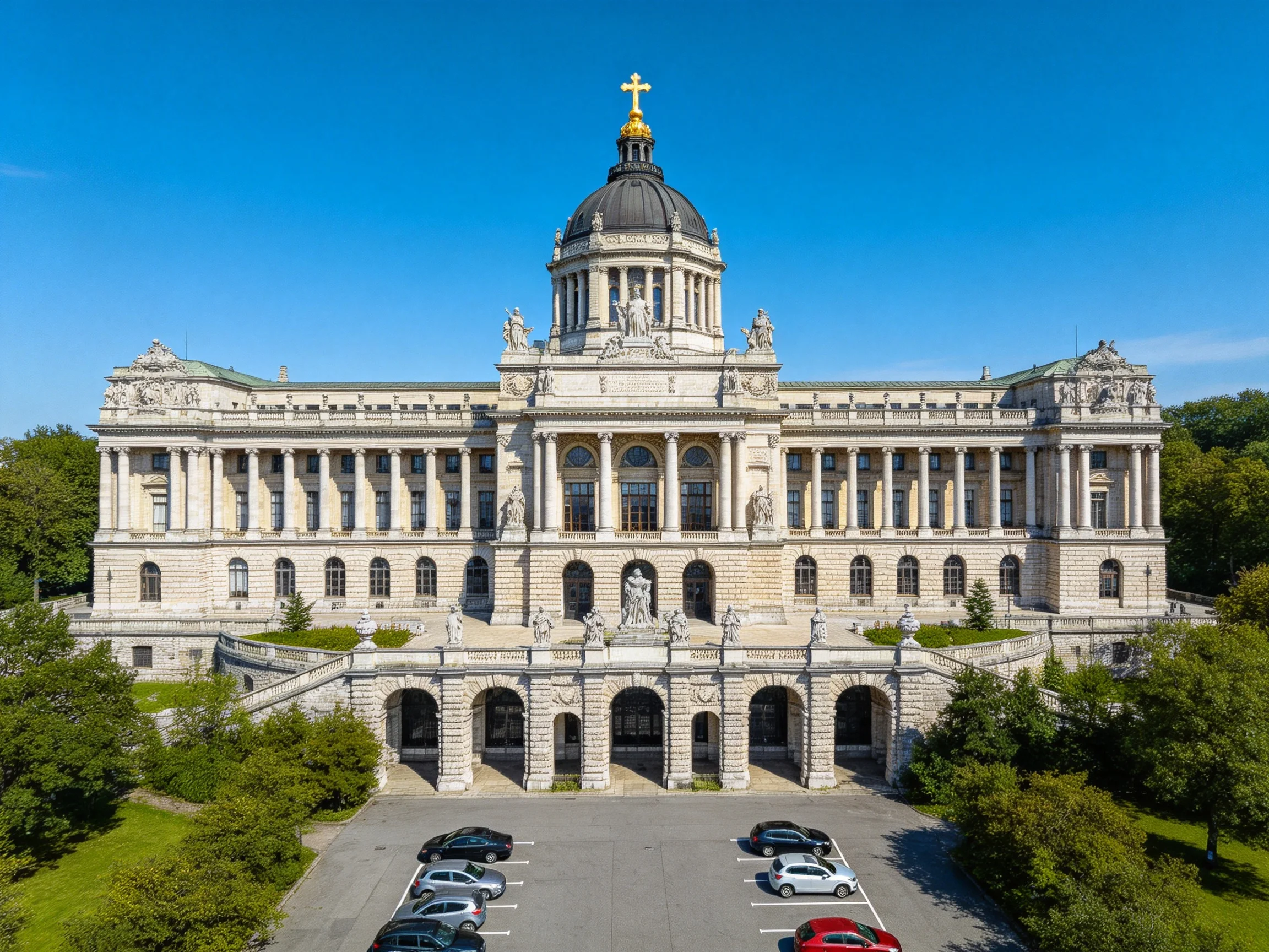A grand neoclassical government building with a domed tower and stone facade