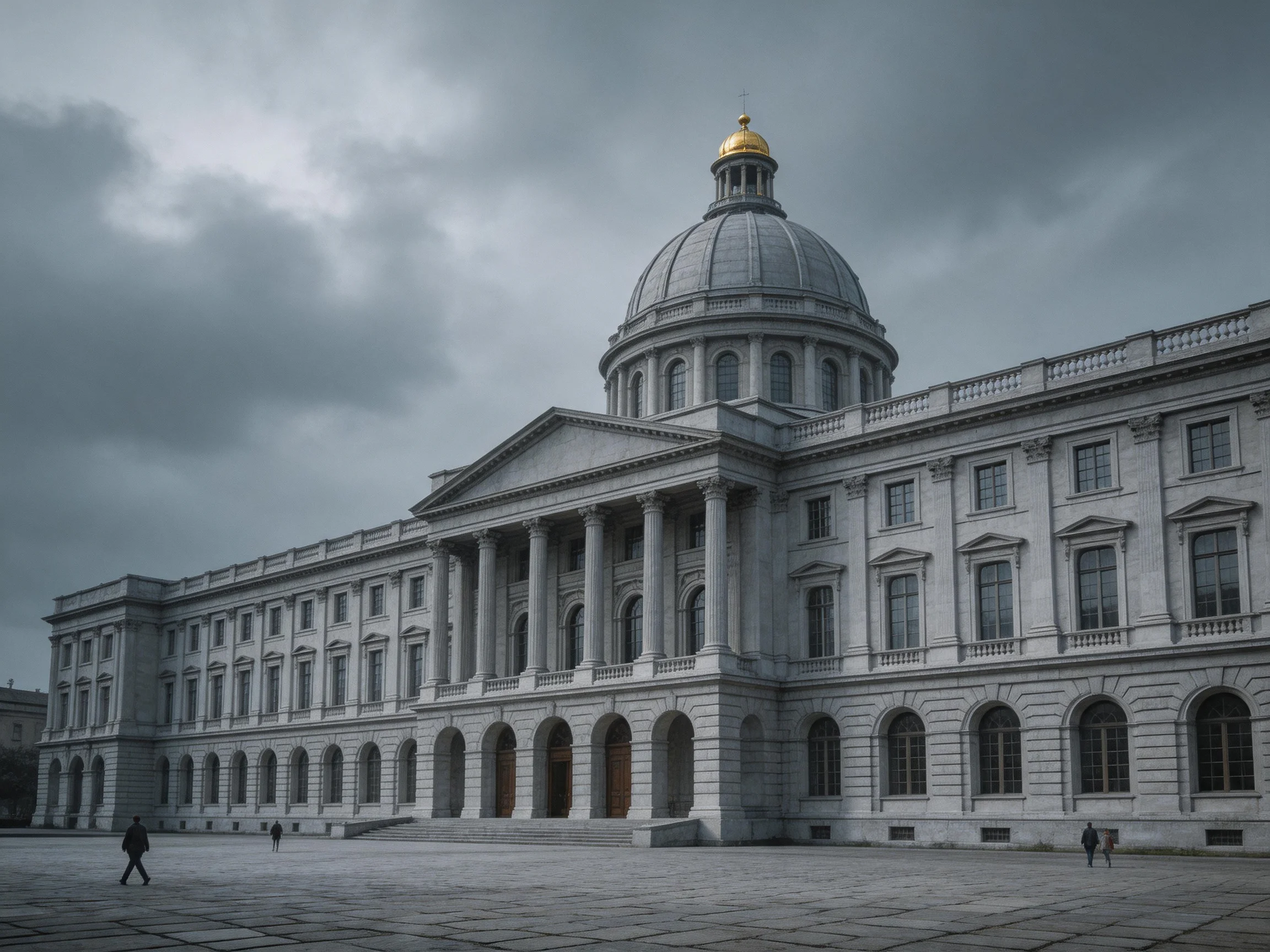 A grand neoclassical government building with a golden dome under overcast skies