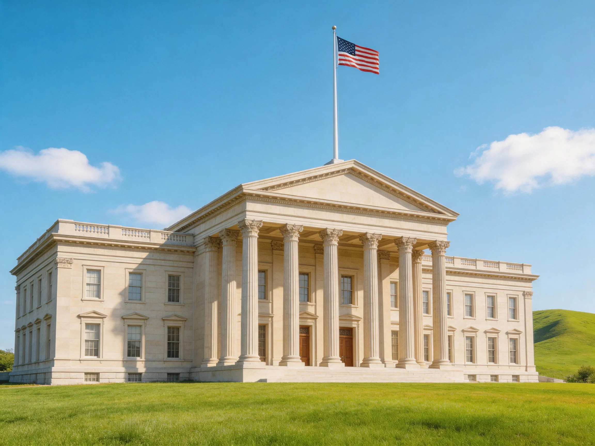 A grand neoclassical government building with tall columns and an American flag