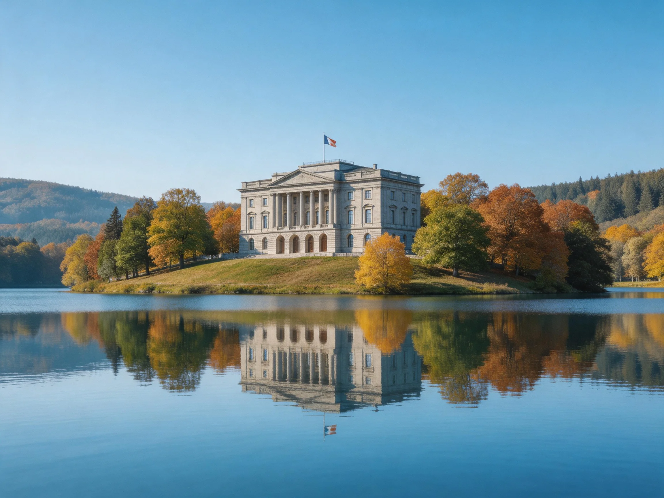A grand neoclassical mansion on a small island with autumn-colored