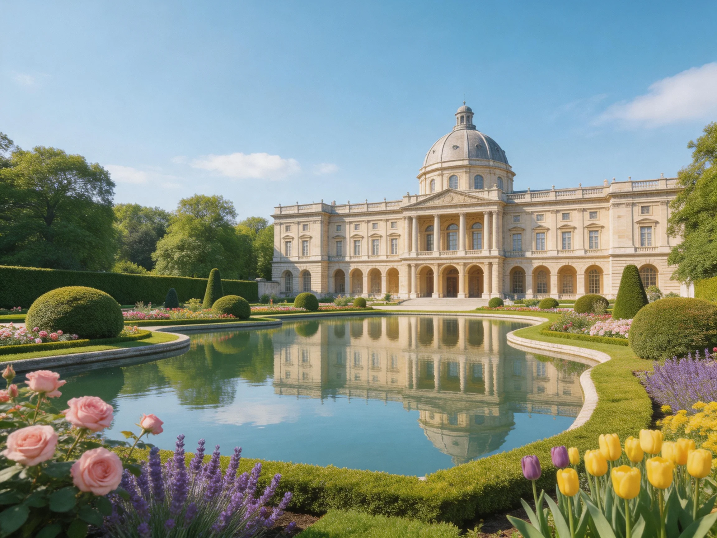 A grand neoclassical palace with a domed roof, central reflecting pond, and vibrant flower gardens.
