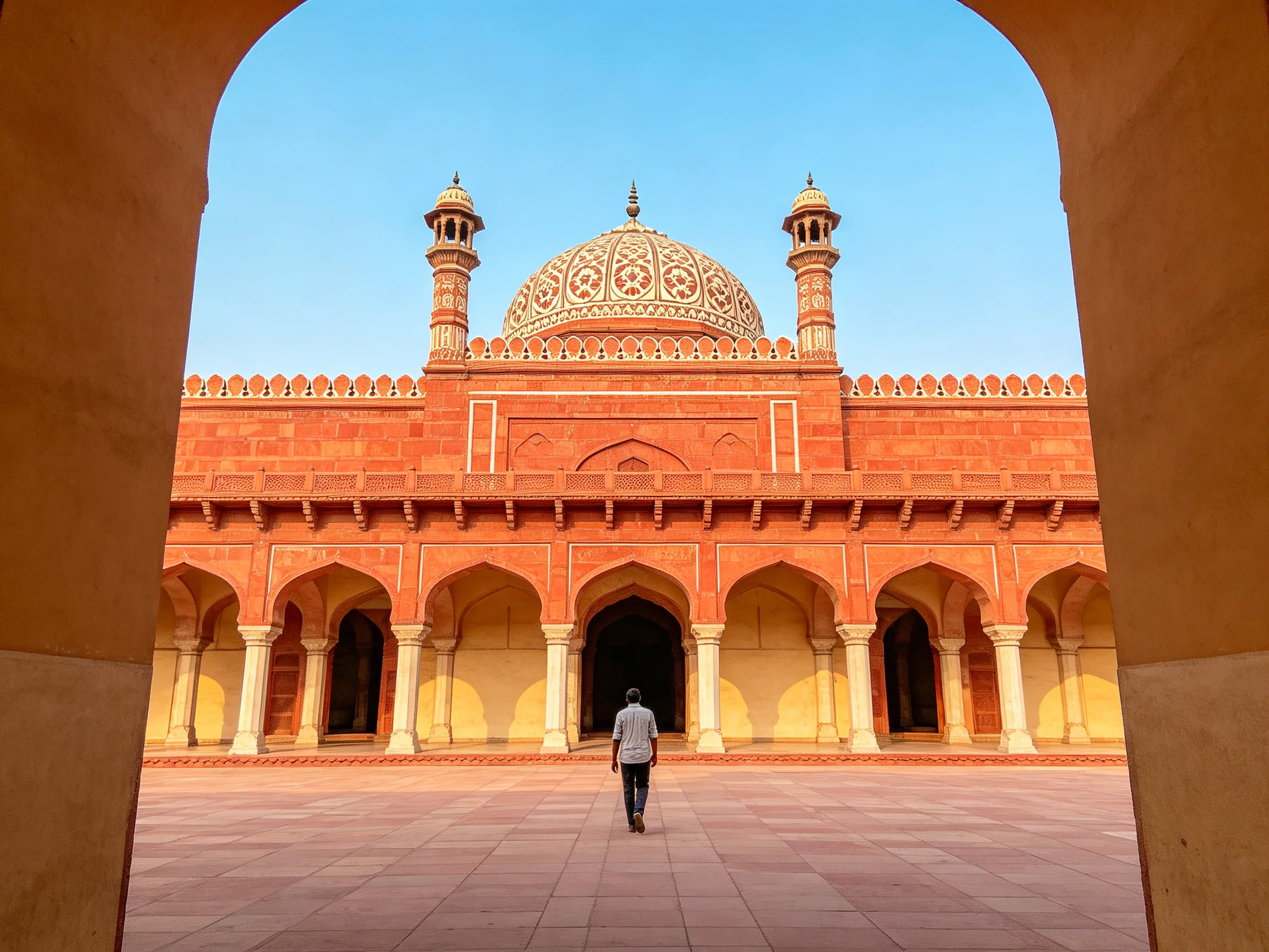 A grand orange-hued mosque with ornate domes and archways