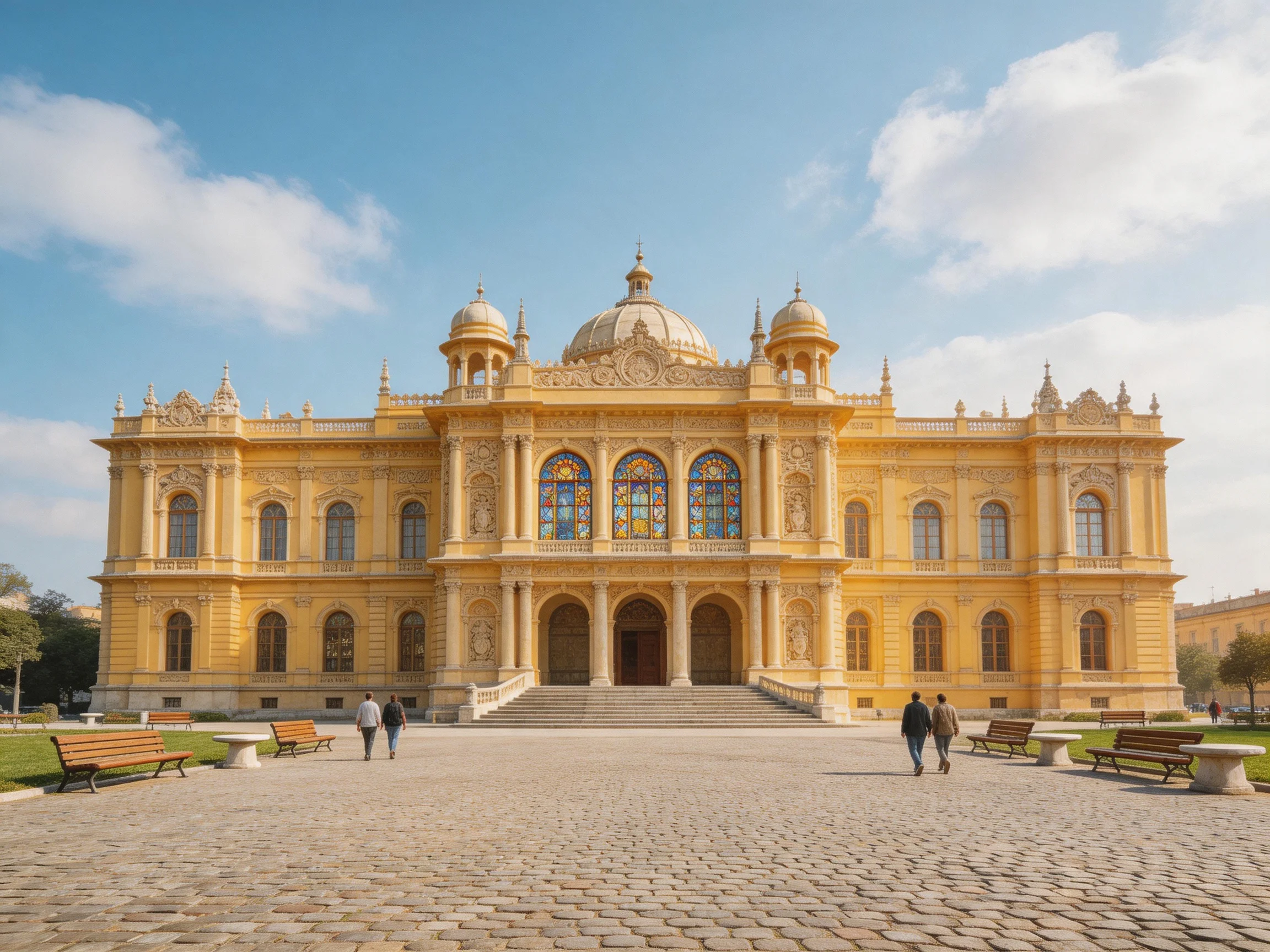 A grand ornate golden historical palace with stained glass windows