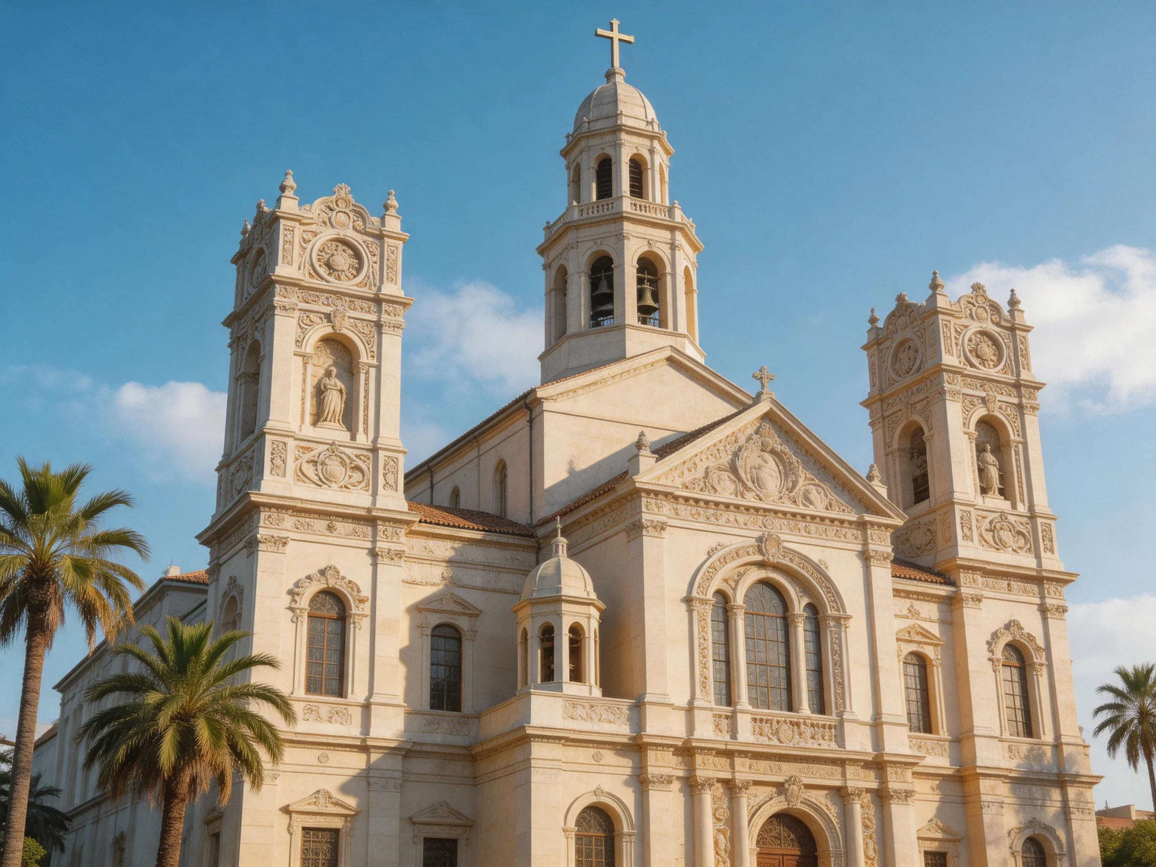 A grand, ornately decorated church with twin towers and a central dome