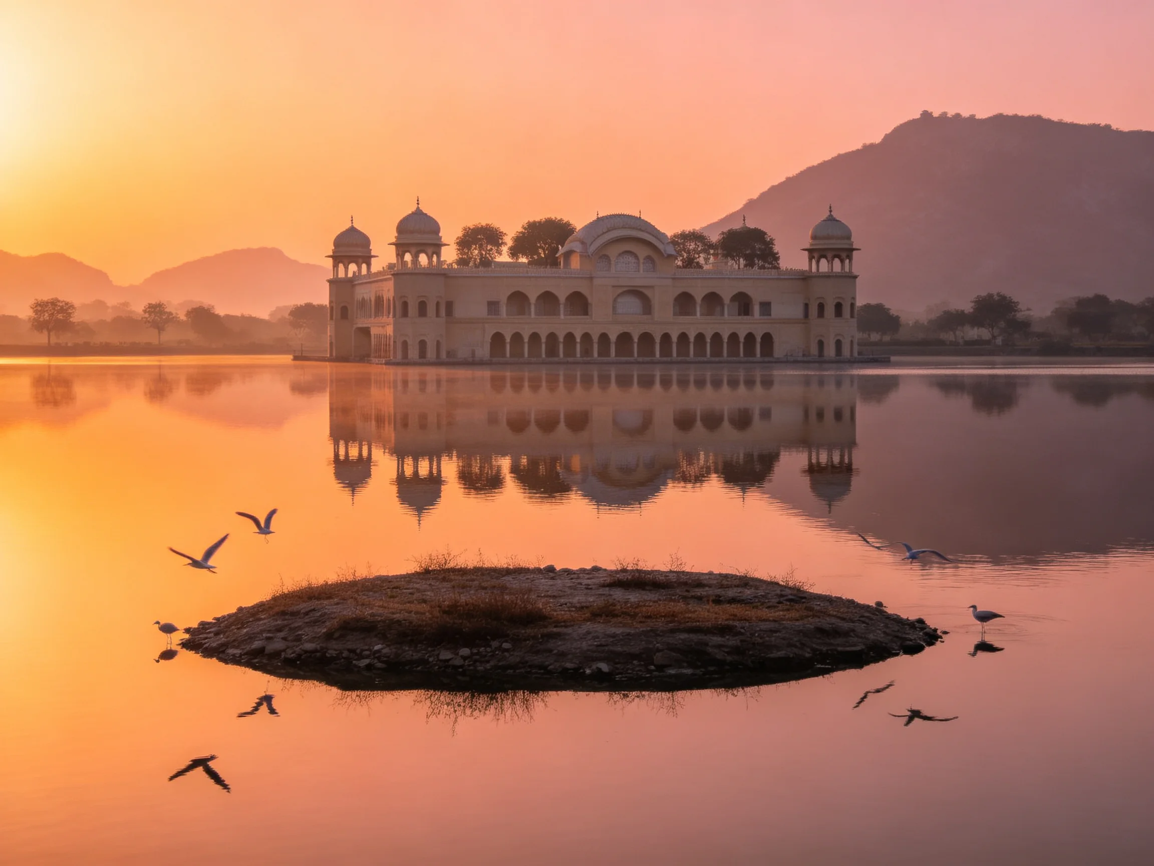 A grand palace reflects in a serene lake at sunrise