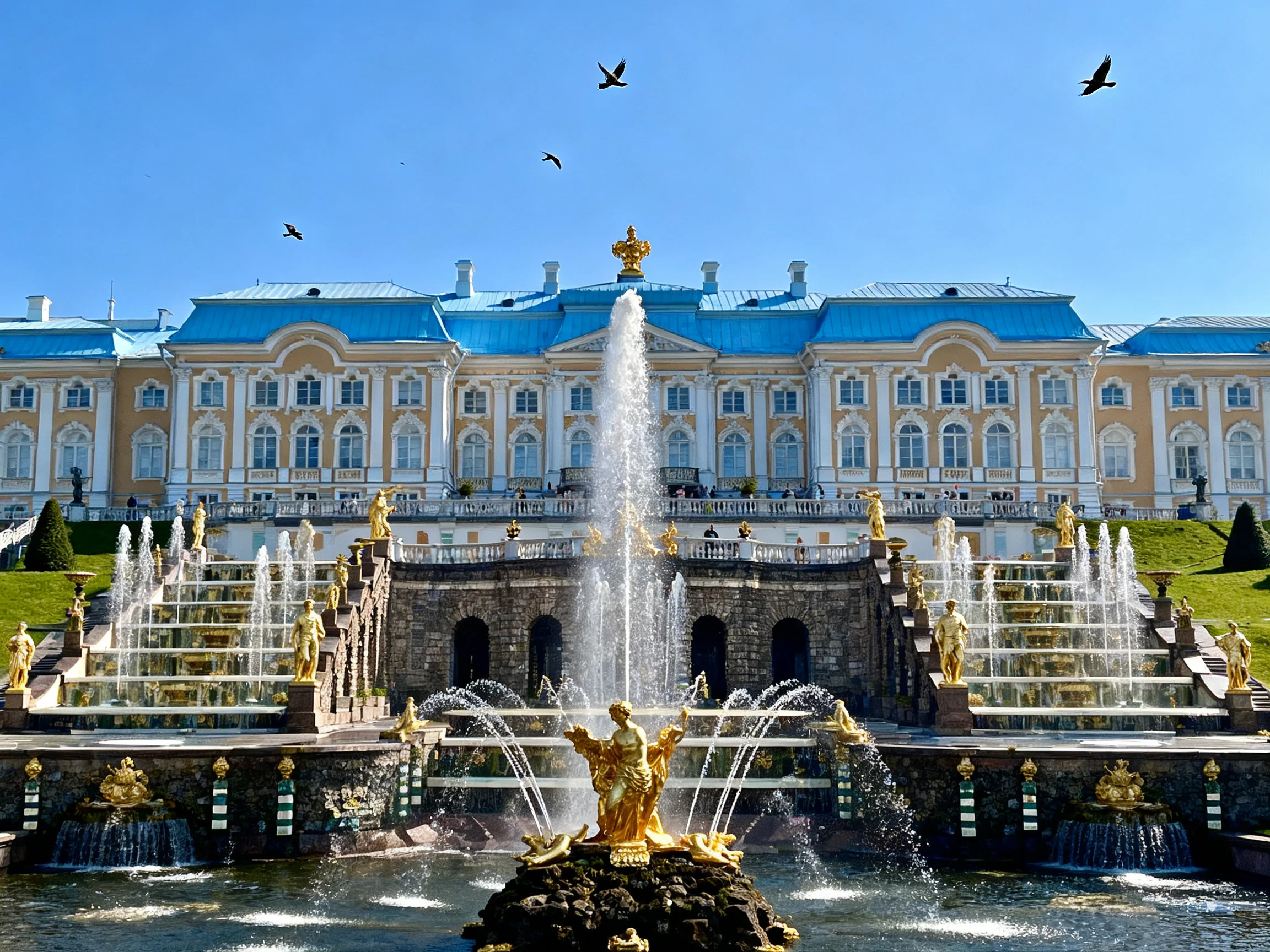 A grand palace with blue roof, golden statues, and elaborate fountain