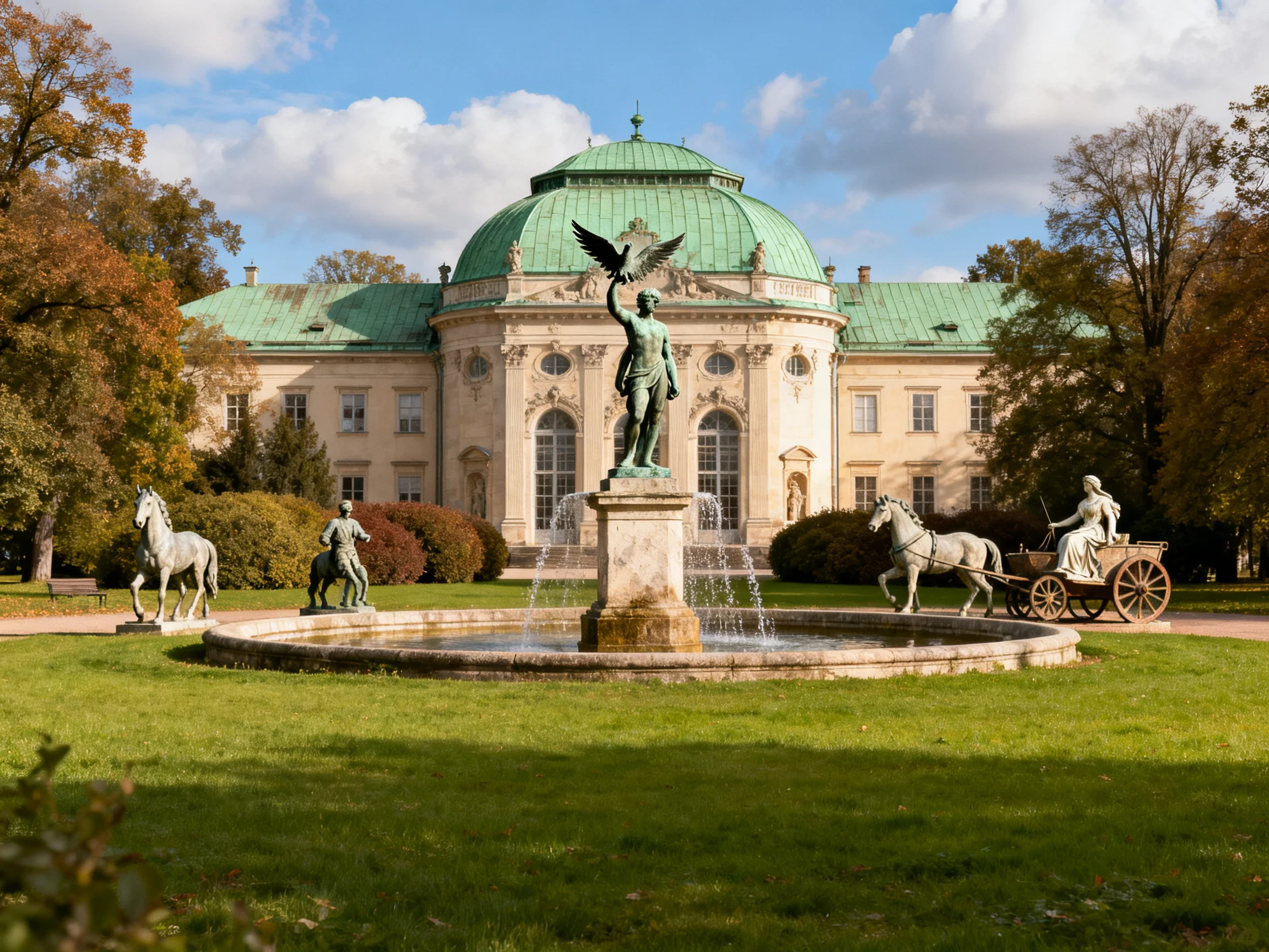 A grand palace with green domed roof and sculptural fountain