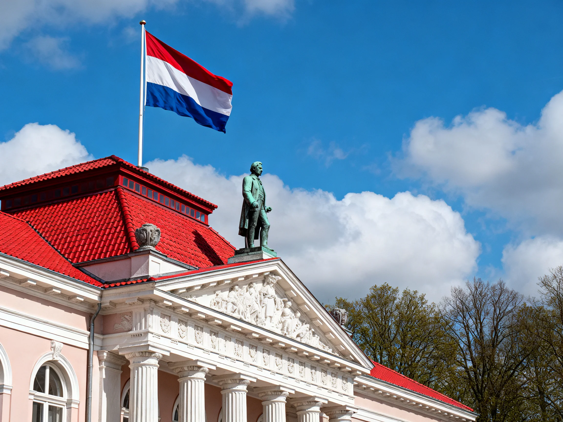 A grand pink building with red roof, Dutch flag, and green statue