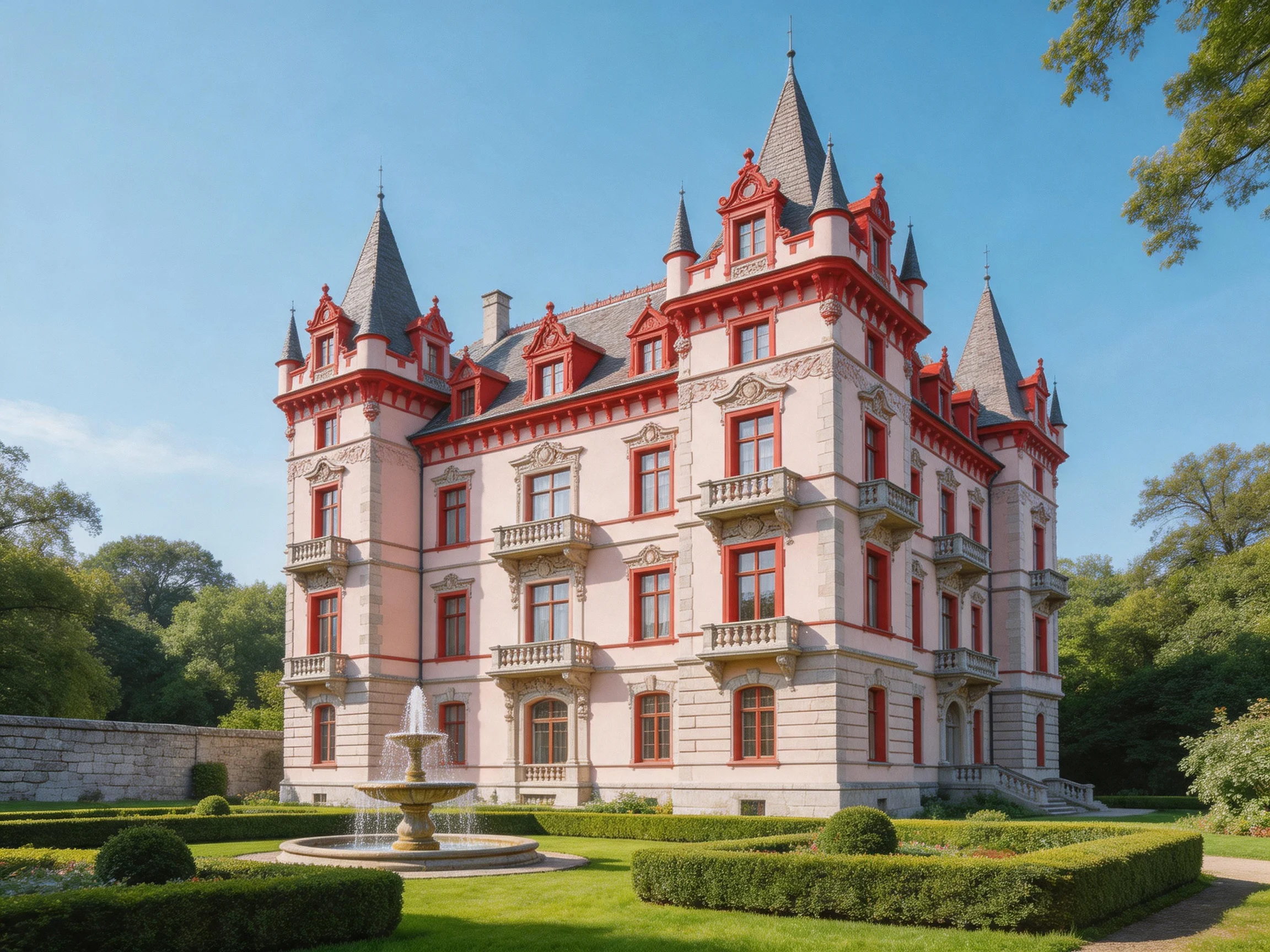 A grand pink castle with red trim and formal gardens