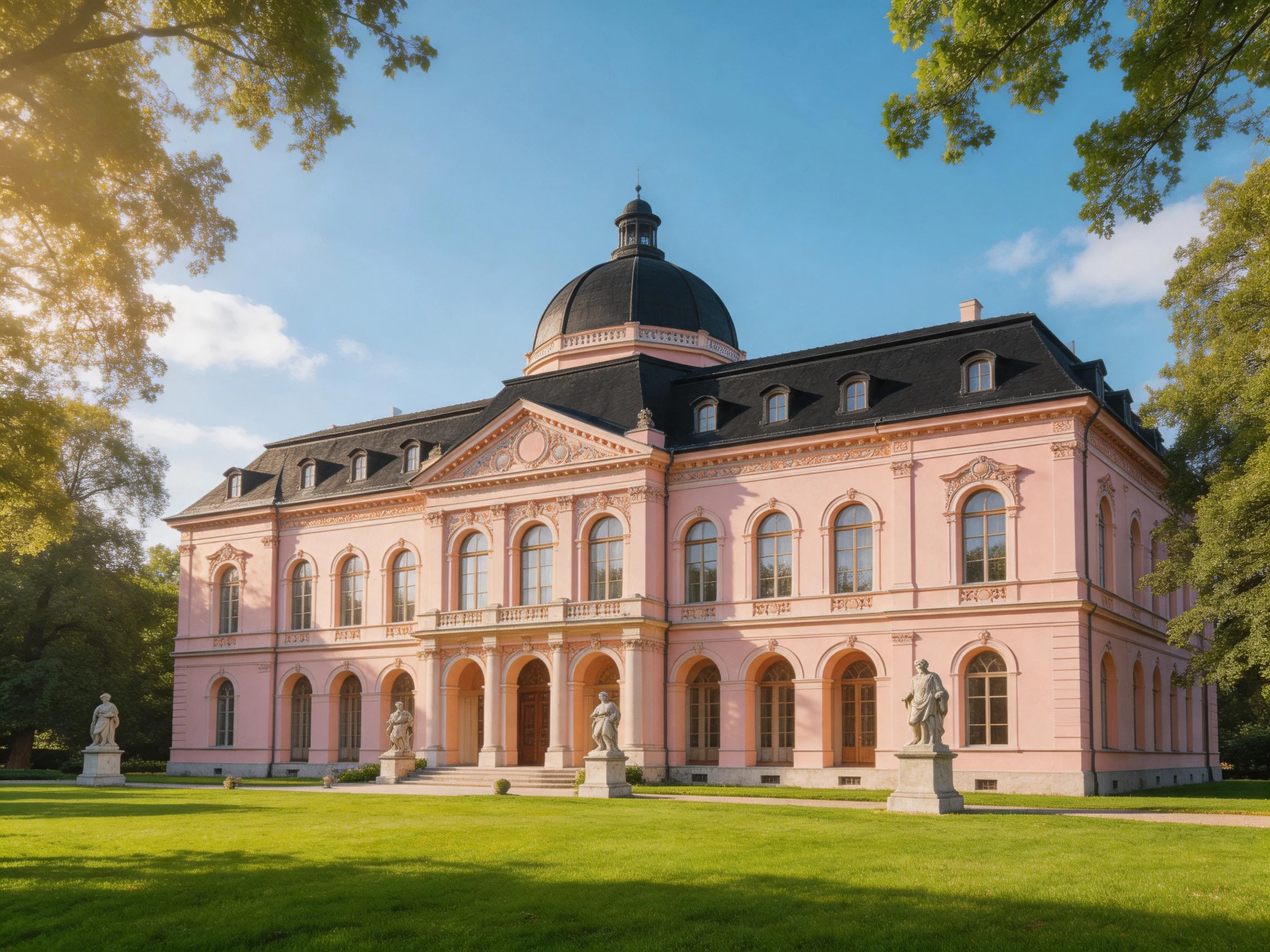 A grand pink mansion with a domed roof and statues