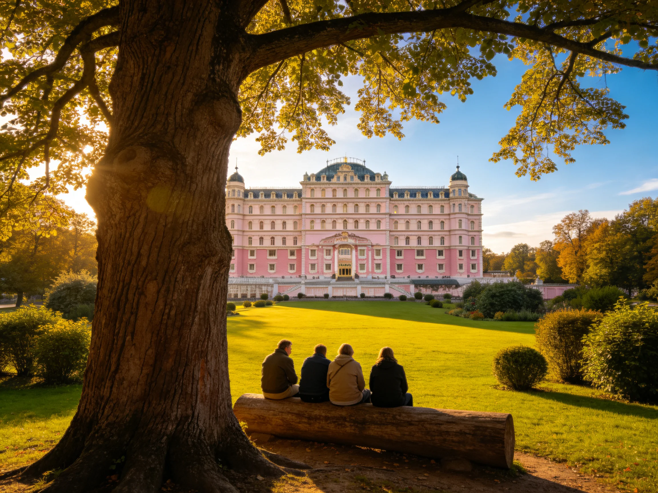A grand pink palace viewed from a shaded park with visitors