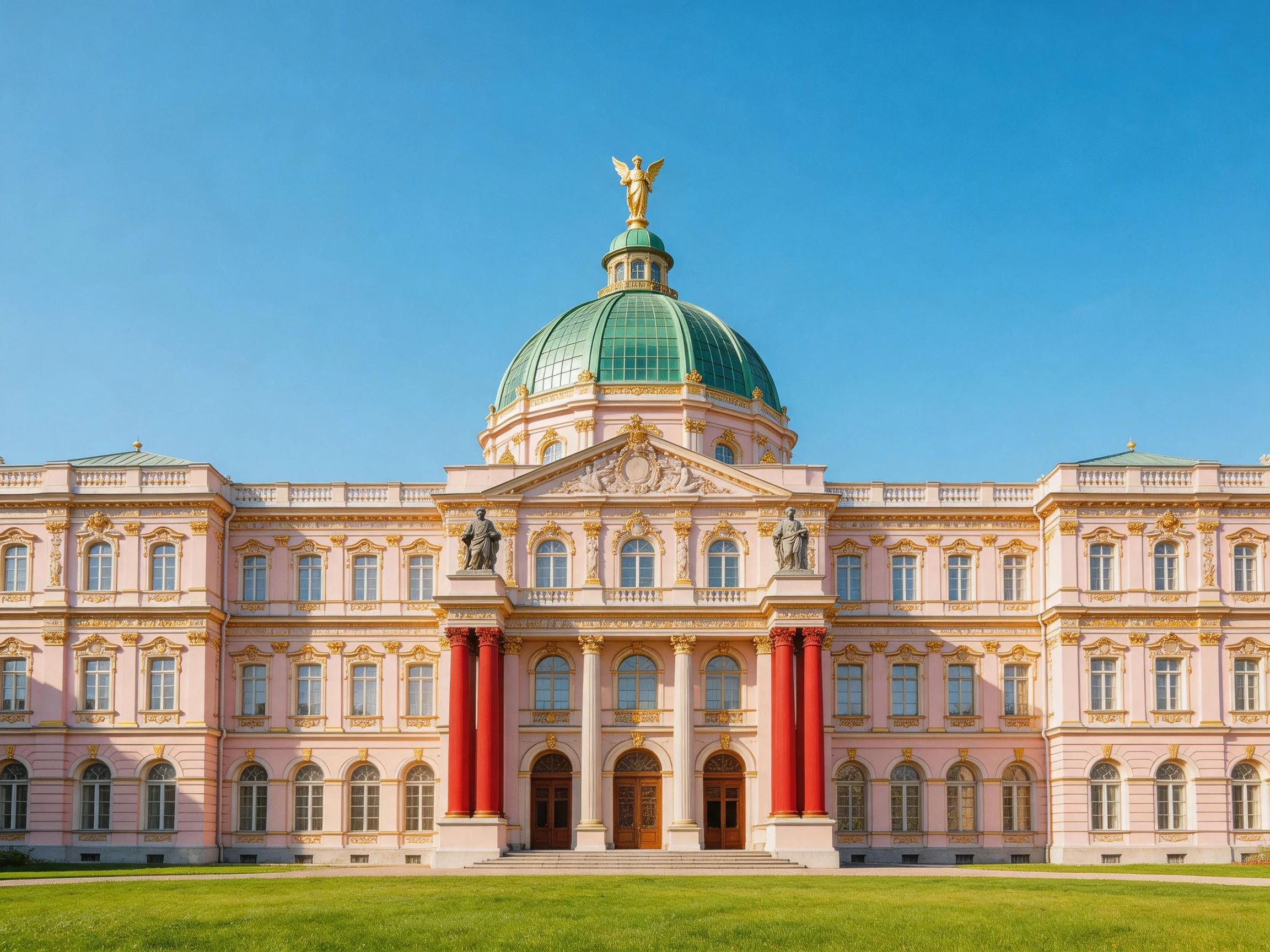 A grand pink palace with green dome and golden accents