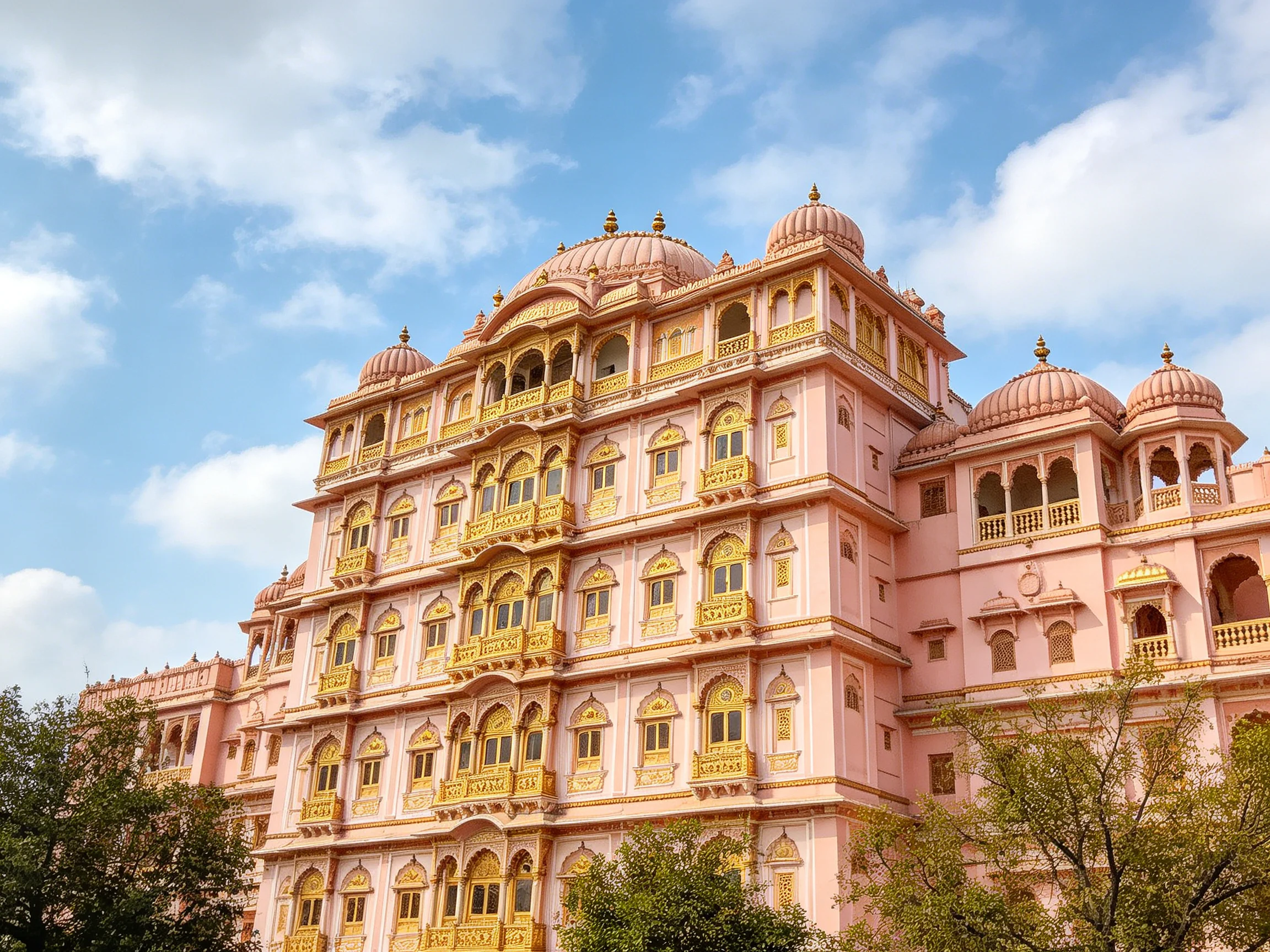 A grand pink palace with ornate golden details