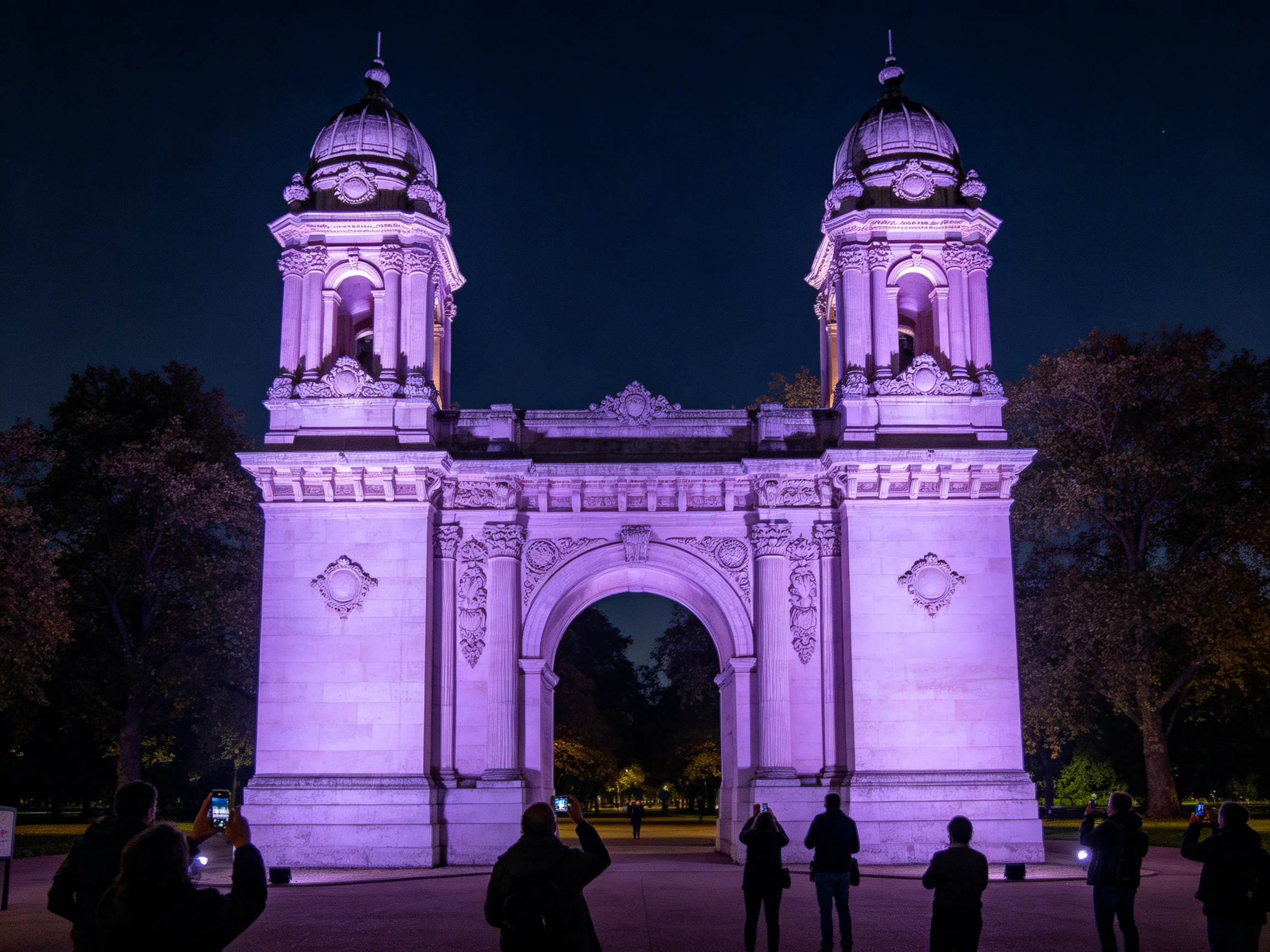 A grand purple-lit archway with twin domed towers at night
