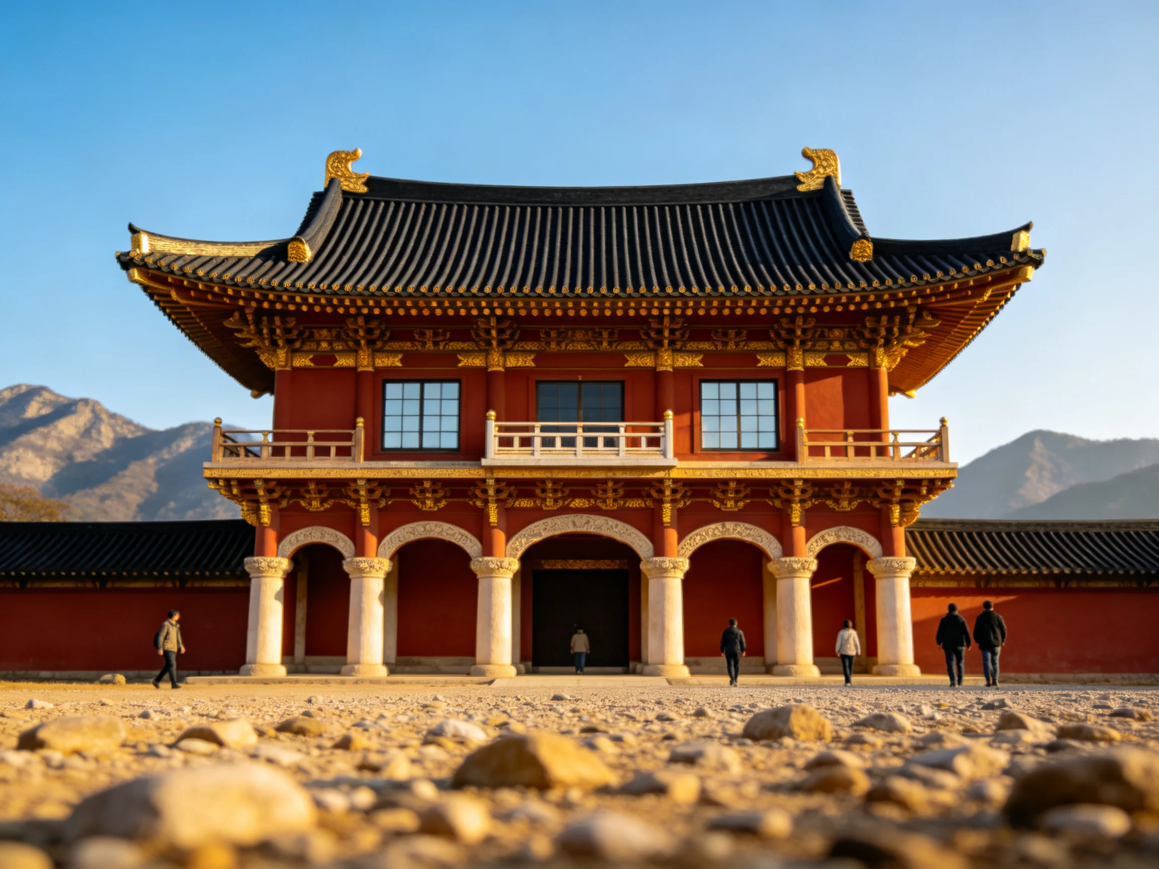 A grand red ancient building with golden accents near mountains