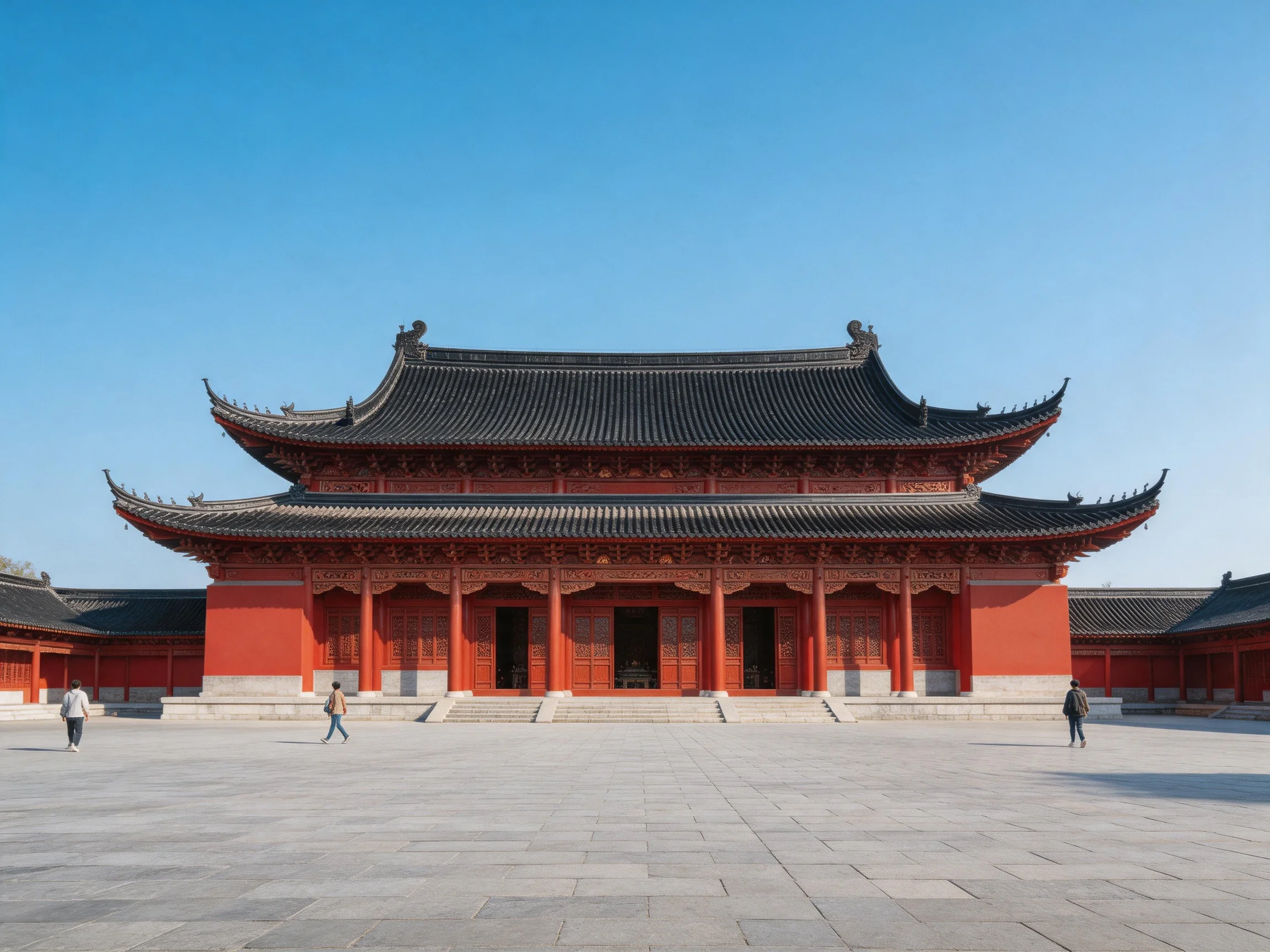 A grand red ancient temple with layered black roofs