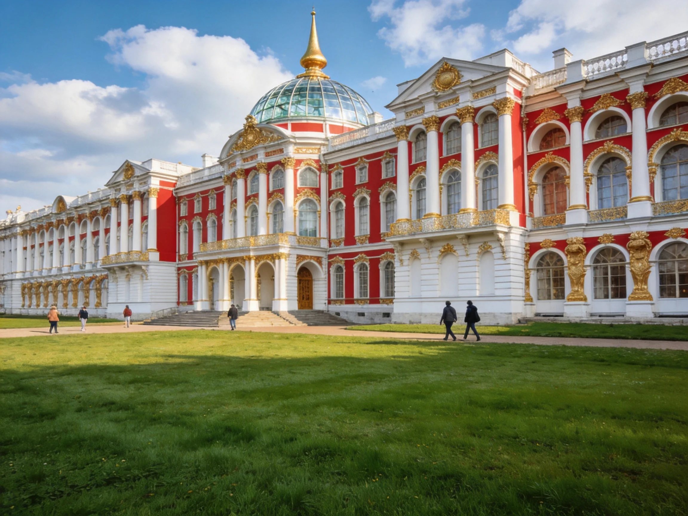 A grand red and gold ornate palace with a glass dome