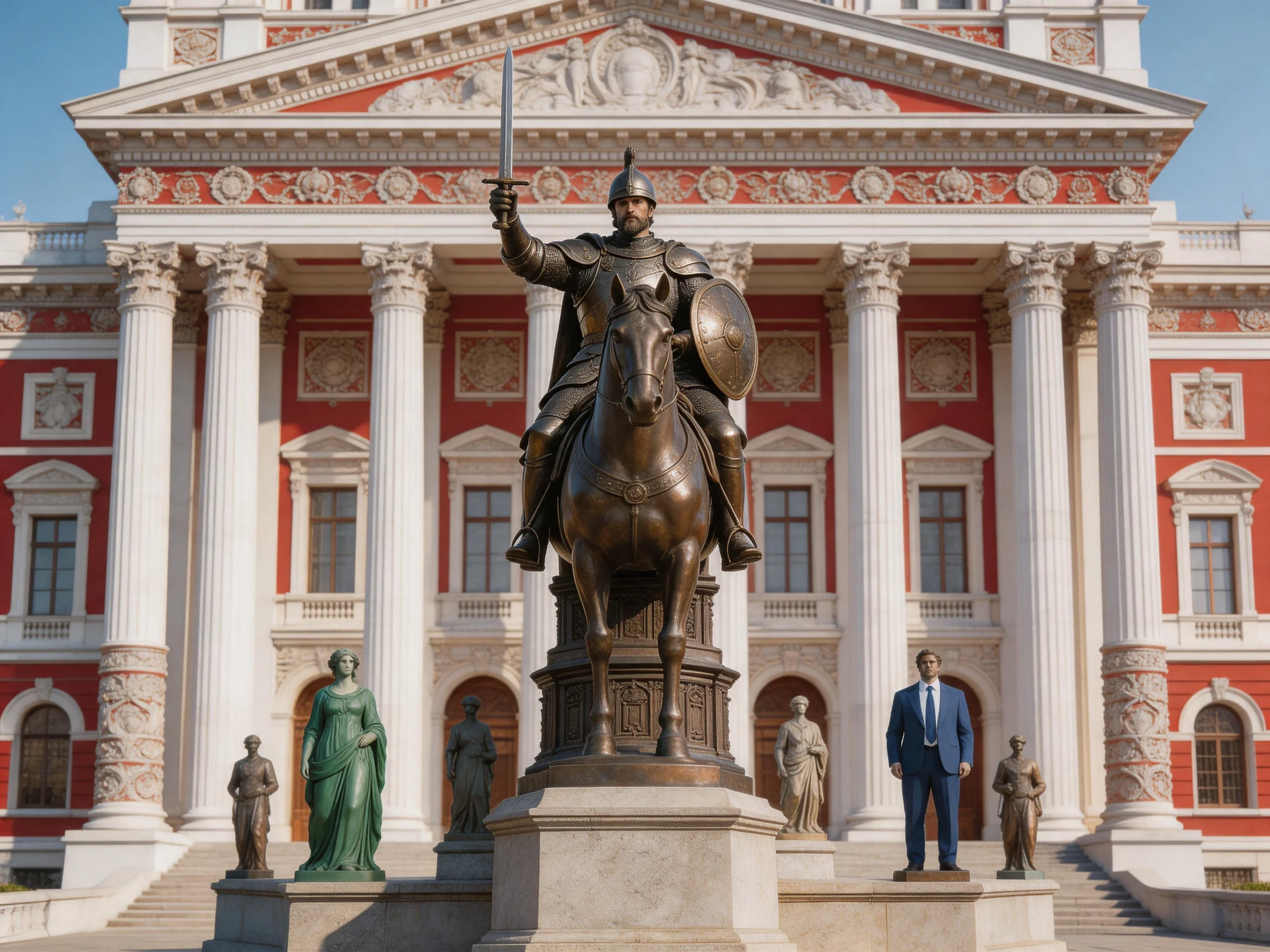 A grand red-and-white building with a central equestrian bronze statue and surrounding sculptures