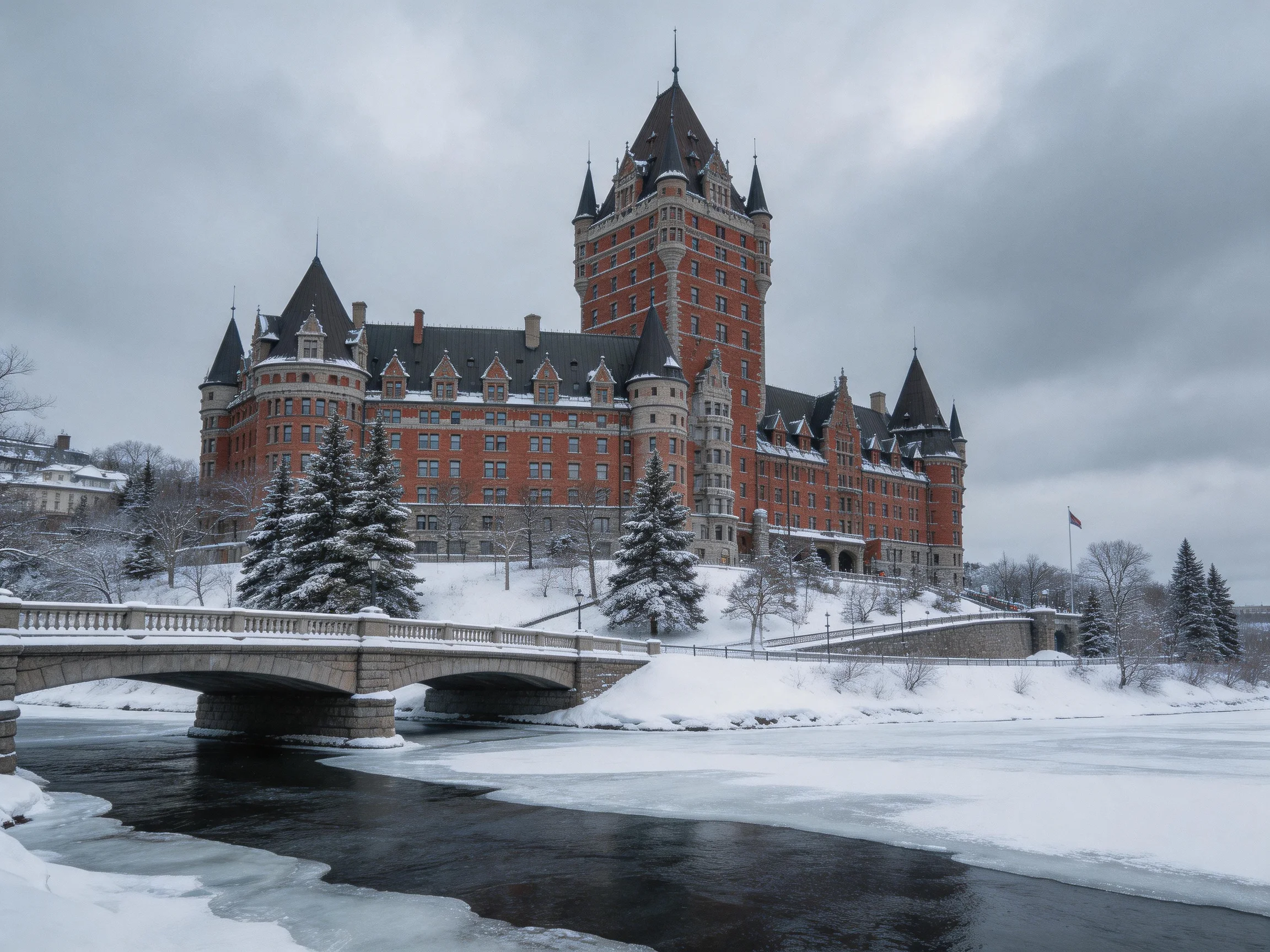 A grand red-brick castle stands amid snow-covered trees and a frozen river
