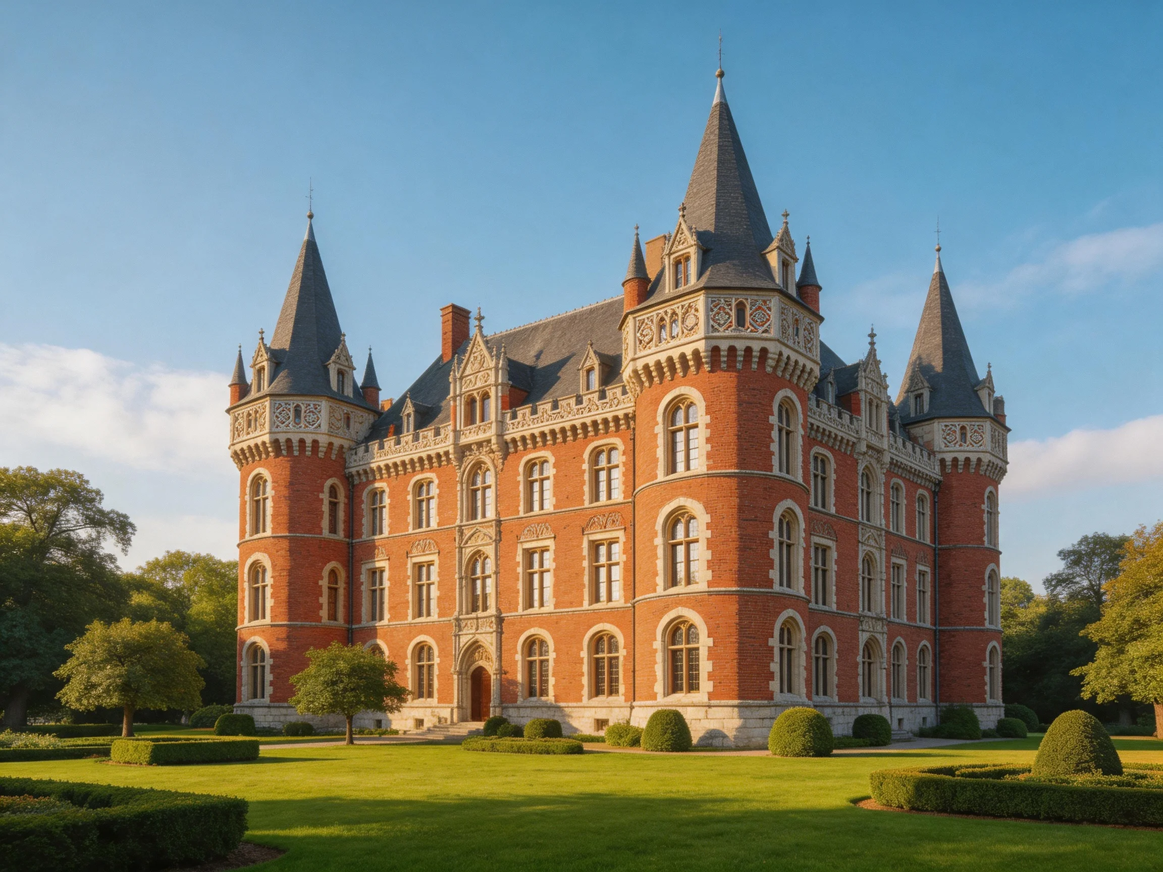 A grand red-brick castle with multiple spires and manicured gardens