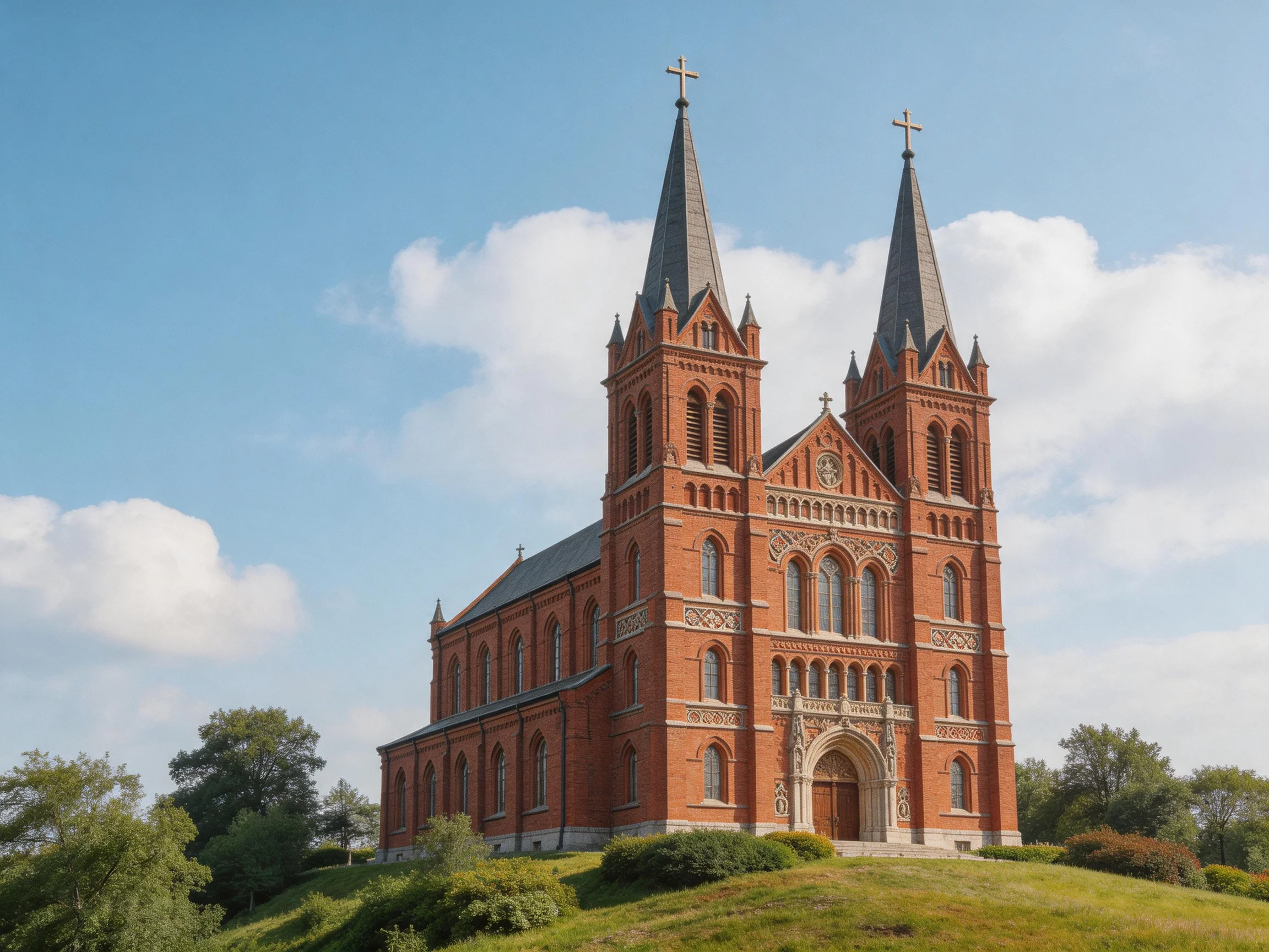 A grand red-brick cathedral with twin spires atop a grassy hill
